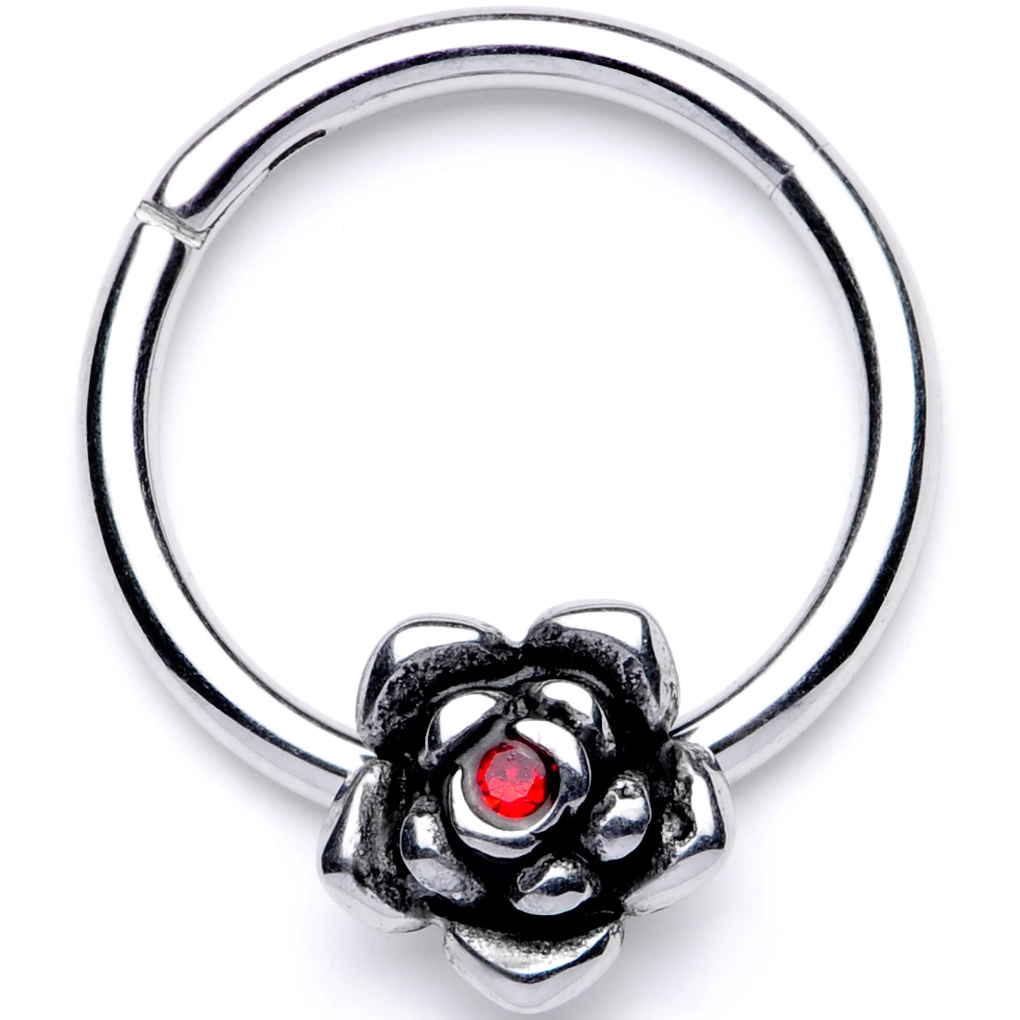 16G 3/8 Red Gem Tiny Flower Hinged Segment Ring