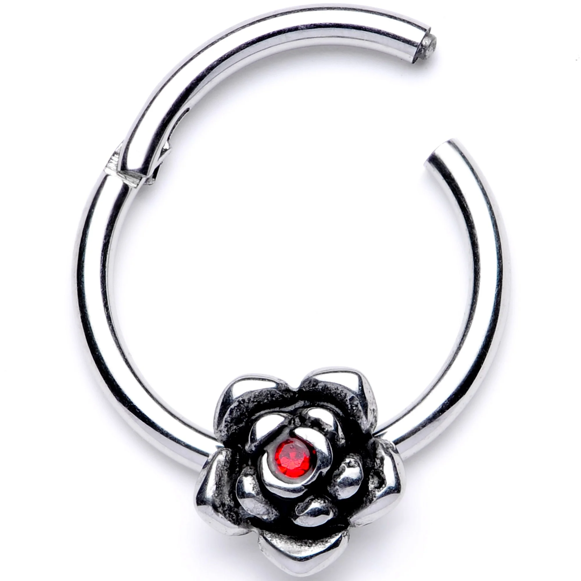 16G 3/8 Red Gem Tiny Flower Hinged Segment Ring - Image 2
