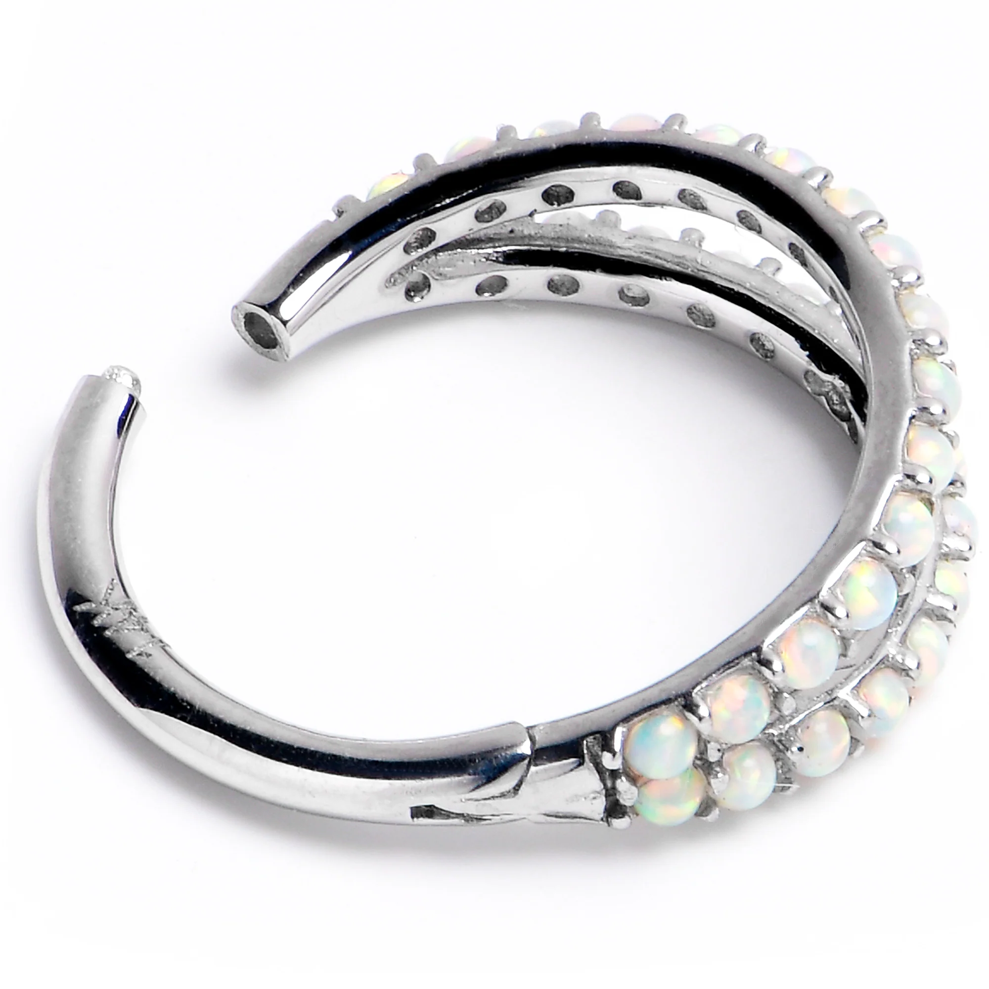 16G 3/8 Solid 14K White Gold Synthetic Opal Hinged Segment Ring - Image 2