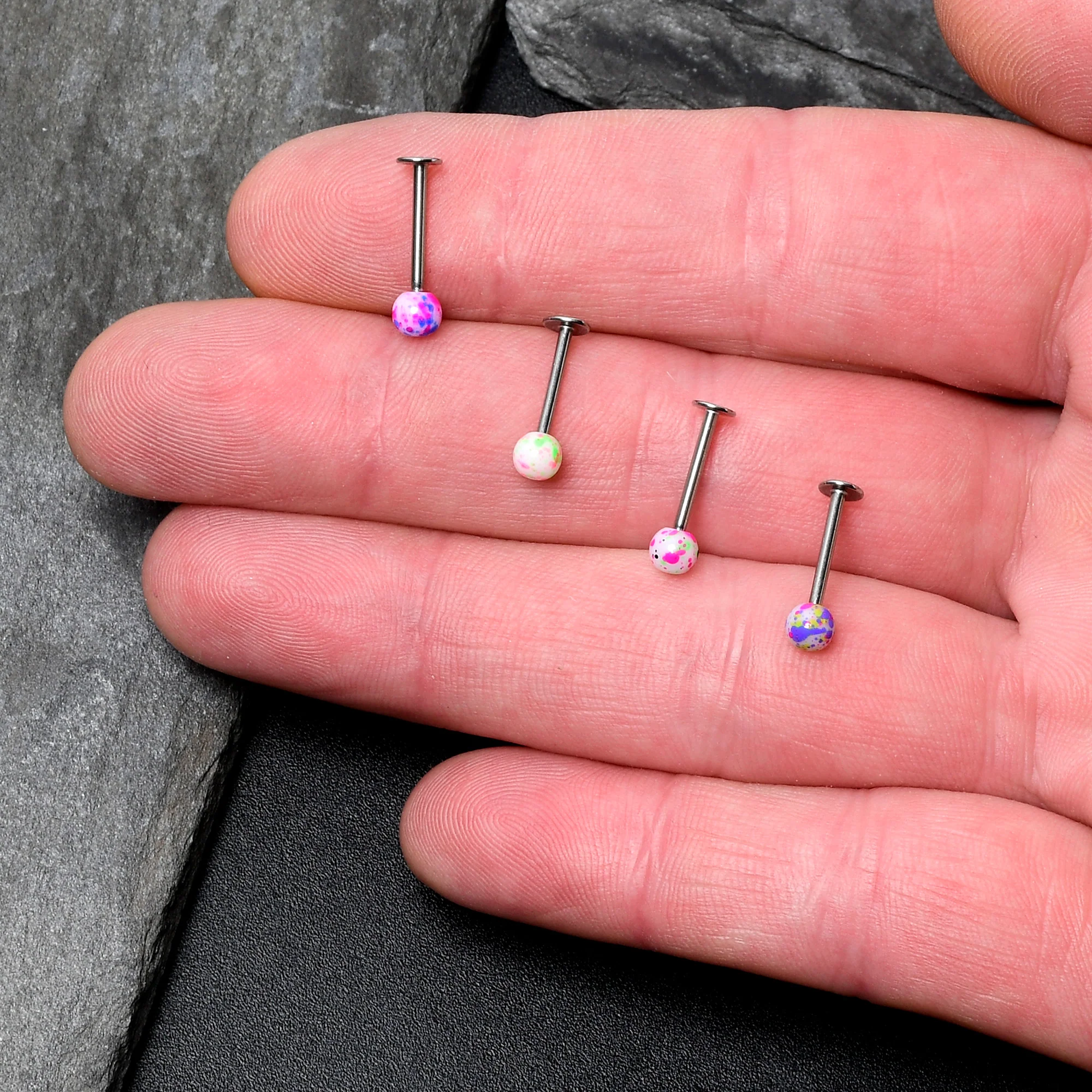 16G 3/8 Splatter Pink Blue Labret Monroe Tragus Set of 4 - Image 2