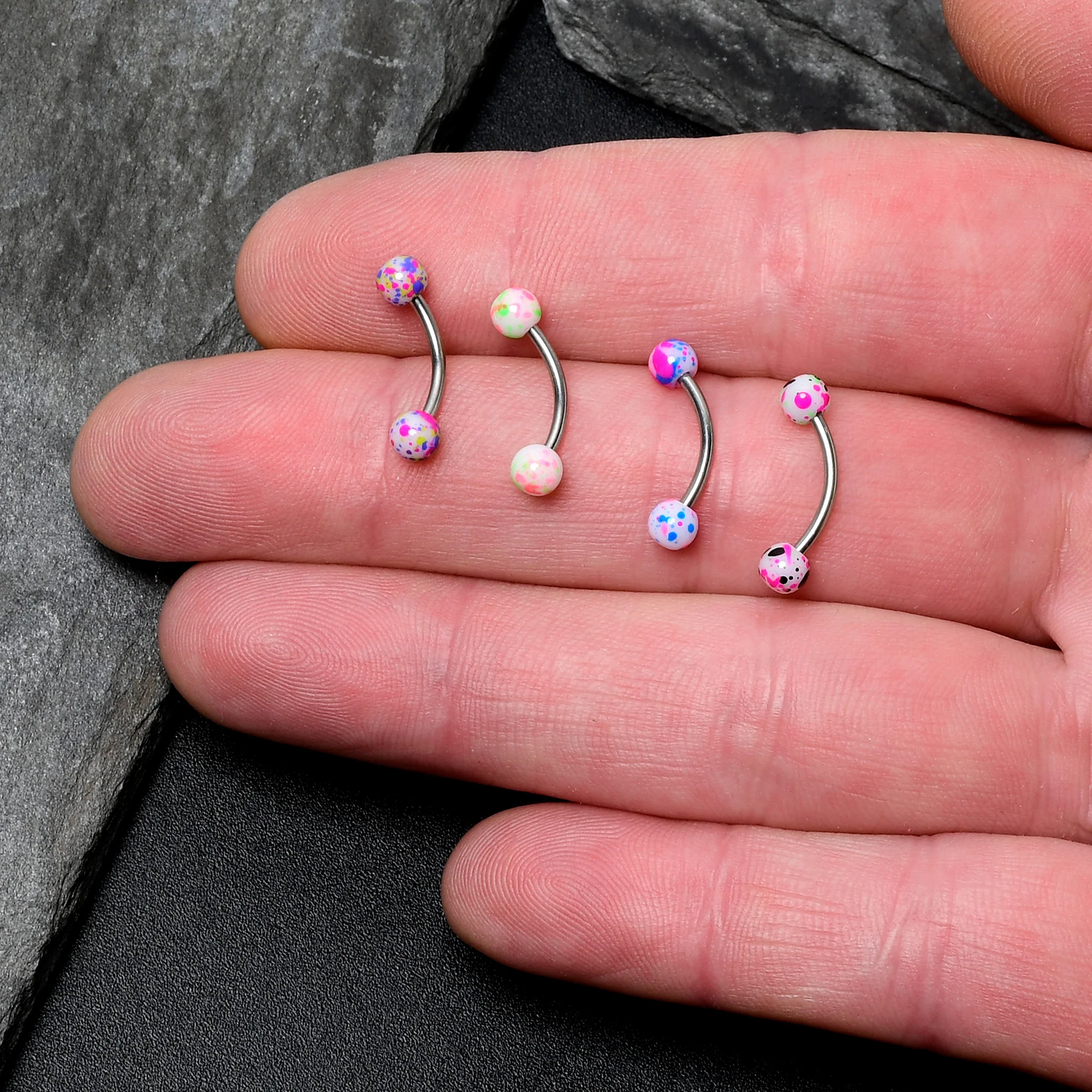 16G 3/8 Splatter Pink Green Blue Curved Eyebrow Ring Set of 4 - Image 2