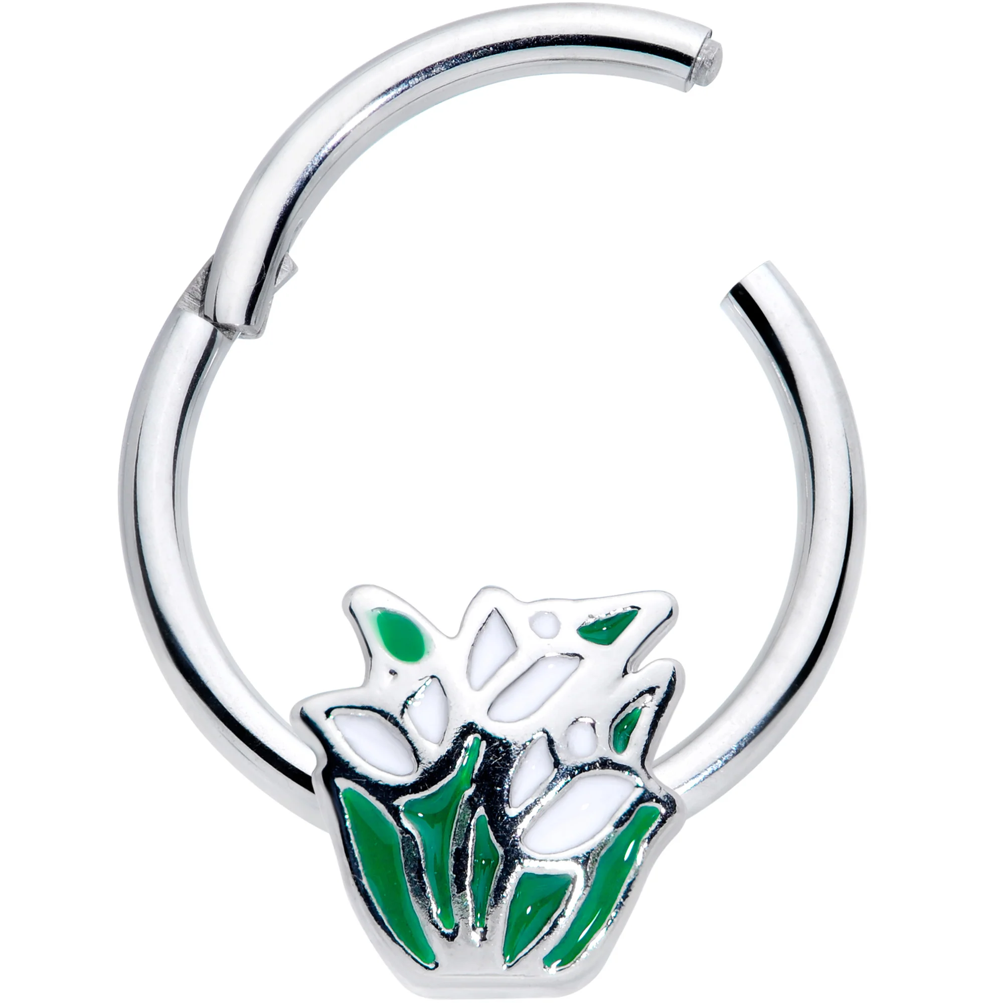 16G 3/8 Springtime White Tulip Flowers Hinged Segment Ring - Image 2