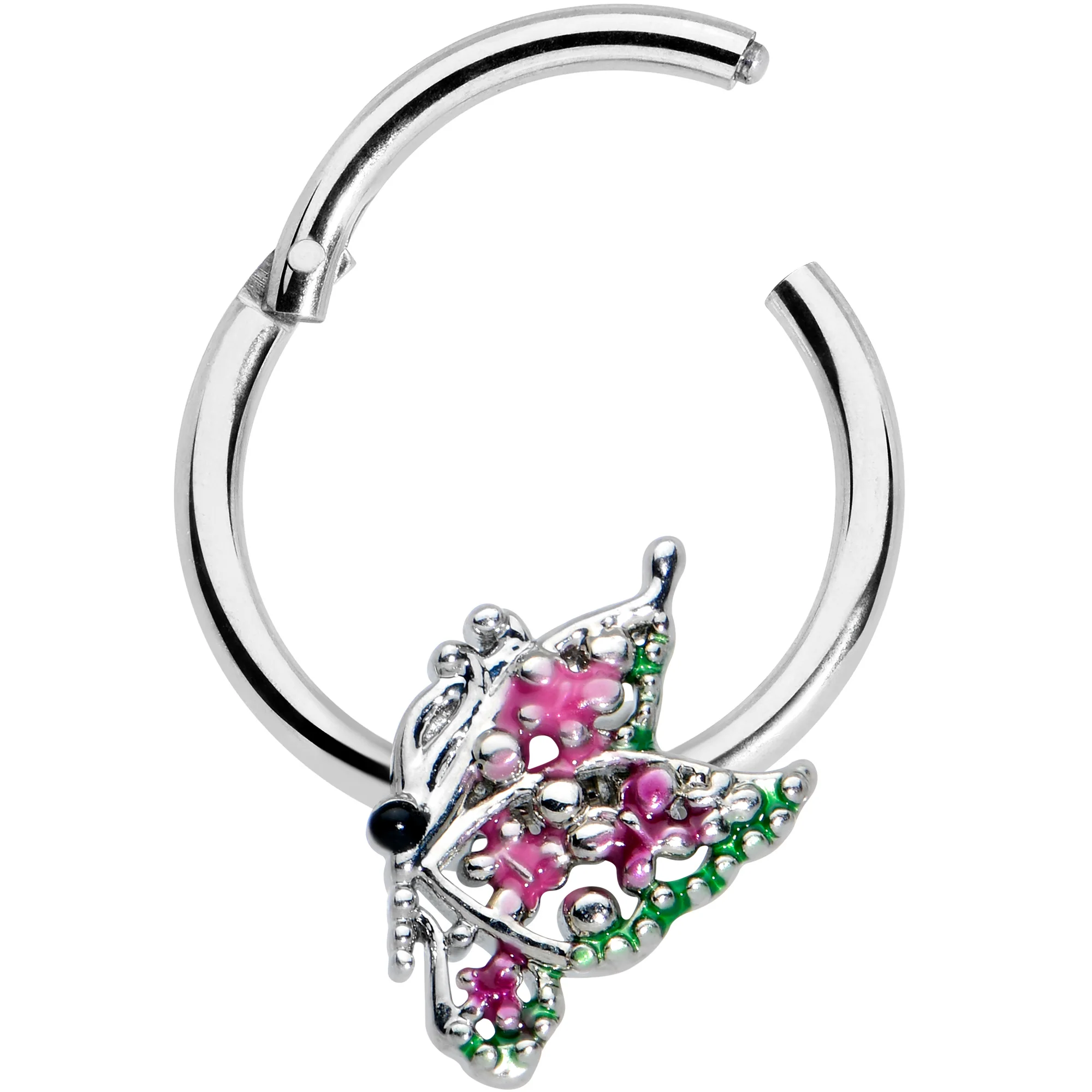 16G 3/8 Textured In Pink Butterfly Hinged Segment Ring - Image 2