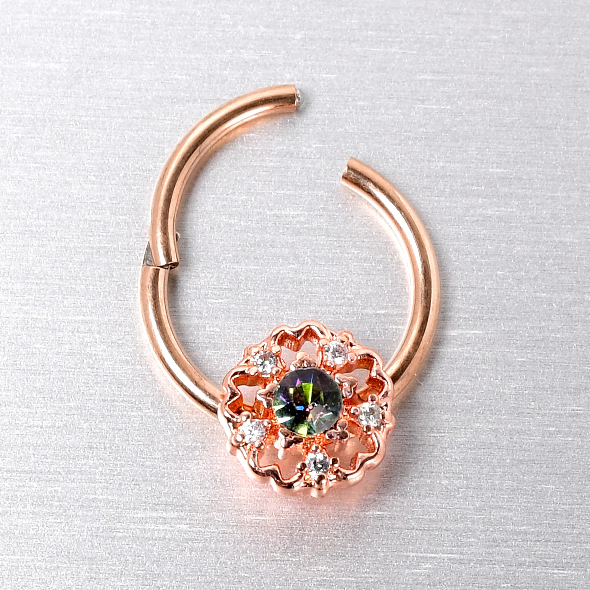 16G 3/8 Vitrail Gem Rose Gold Hue Flower Hinged Segment Ring - Image 5