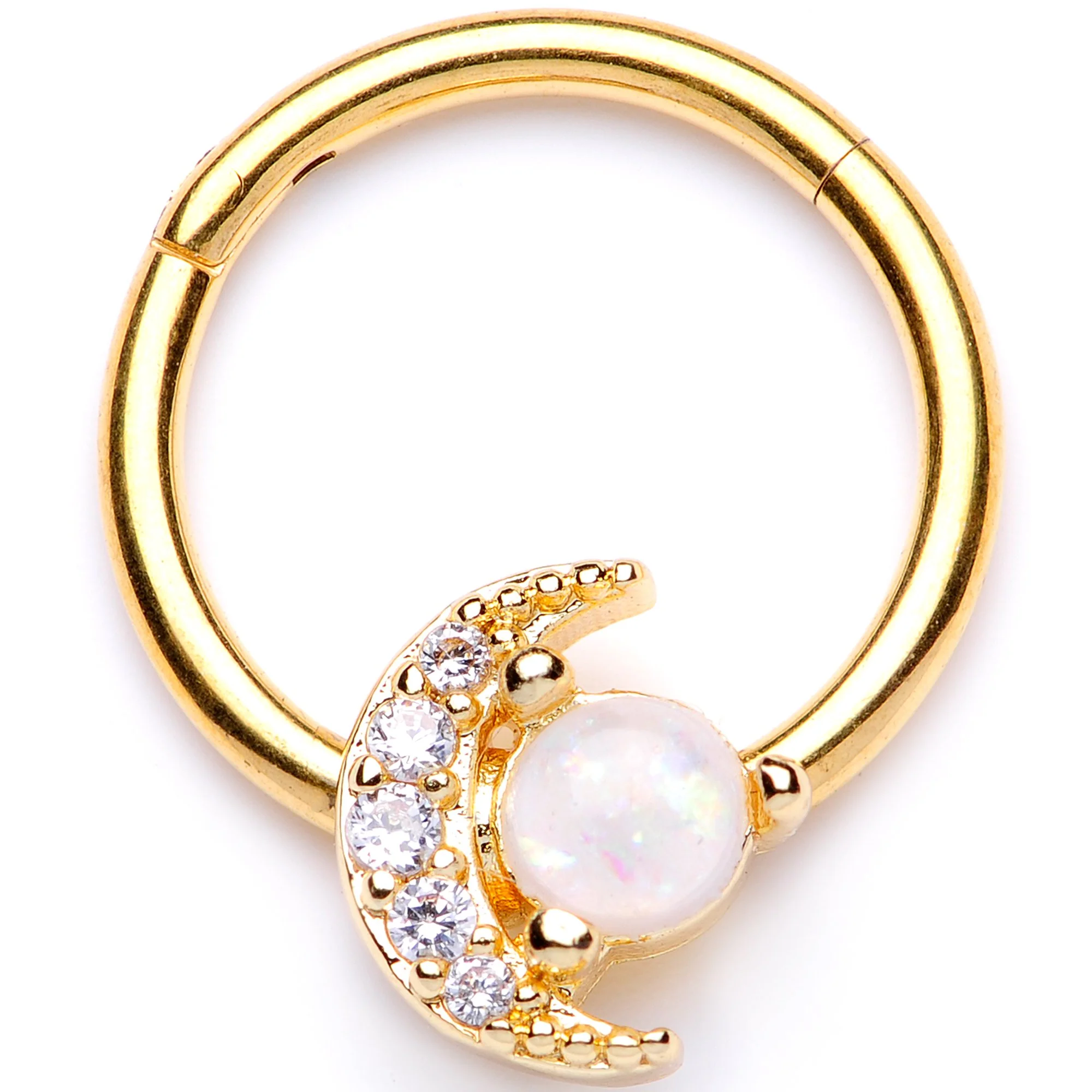 16G 3/8 White Faux Opal Gold Tone Moon Hinged Segment Ring