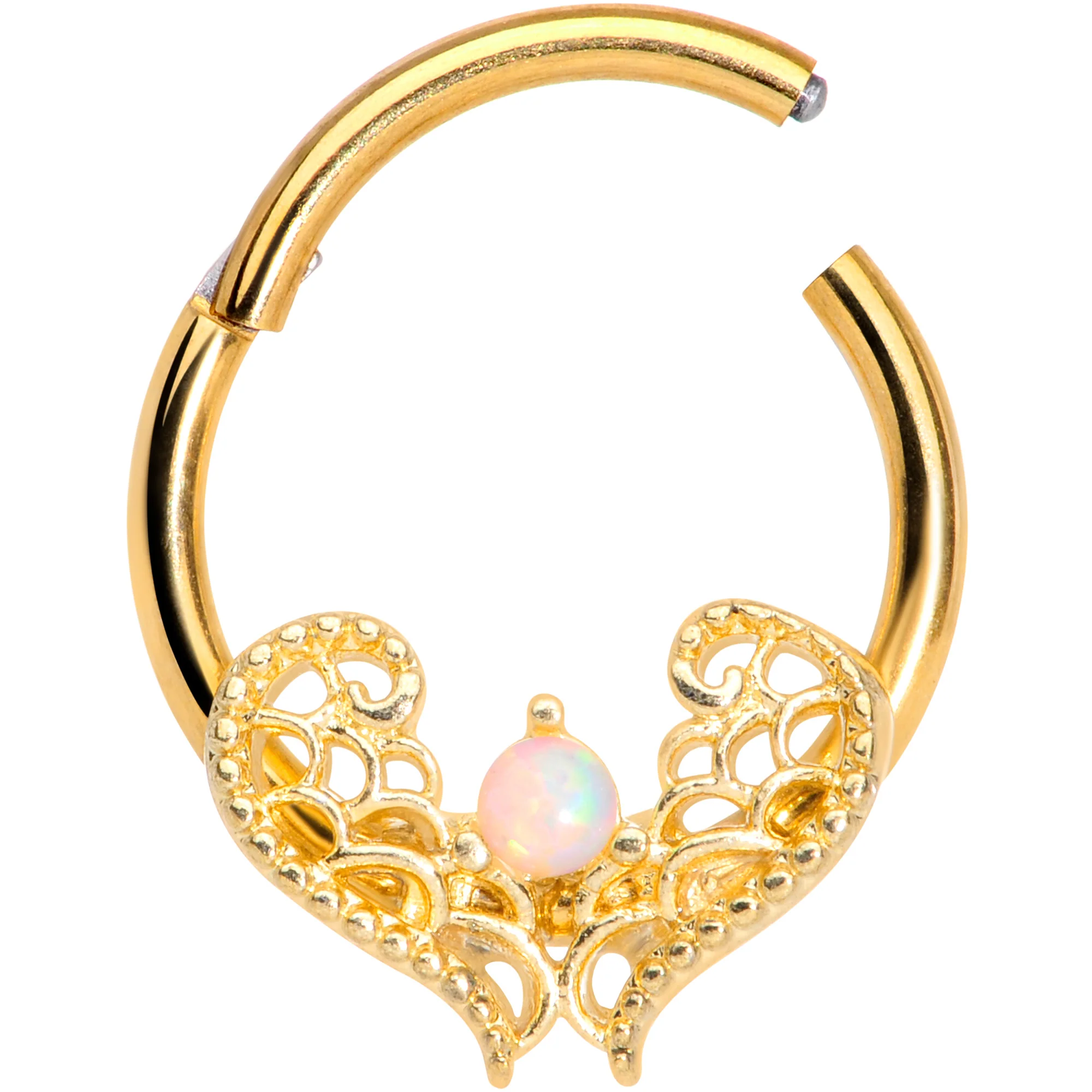 16G 3/8 White Synth Opal Gold Tone Lace Heart Hinged Segment Ring - Image 2