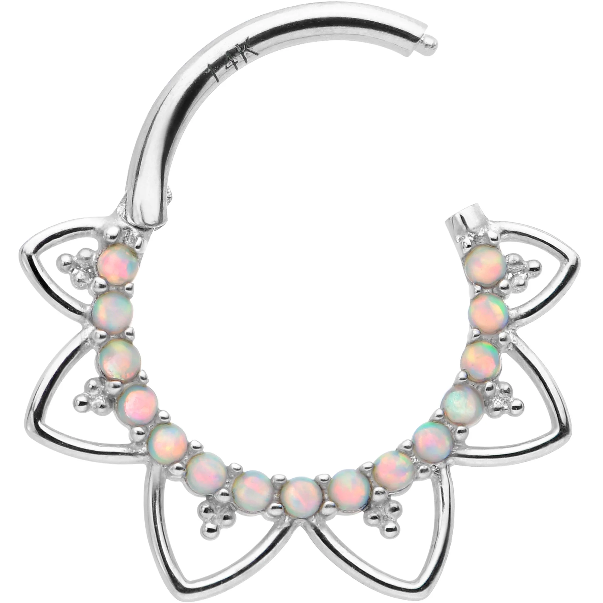 16G 3/8 White Synthetic Opal 14k White Gold Filigree Hinged Segment Ring - Image 2