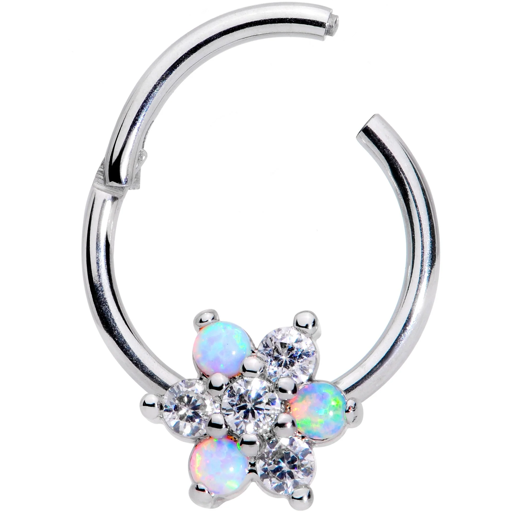 16G 3/8 White Synthetic Opal Snow Star Hinged Segment Ring - Image 2