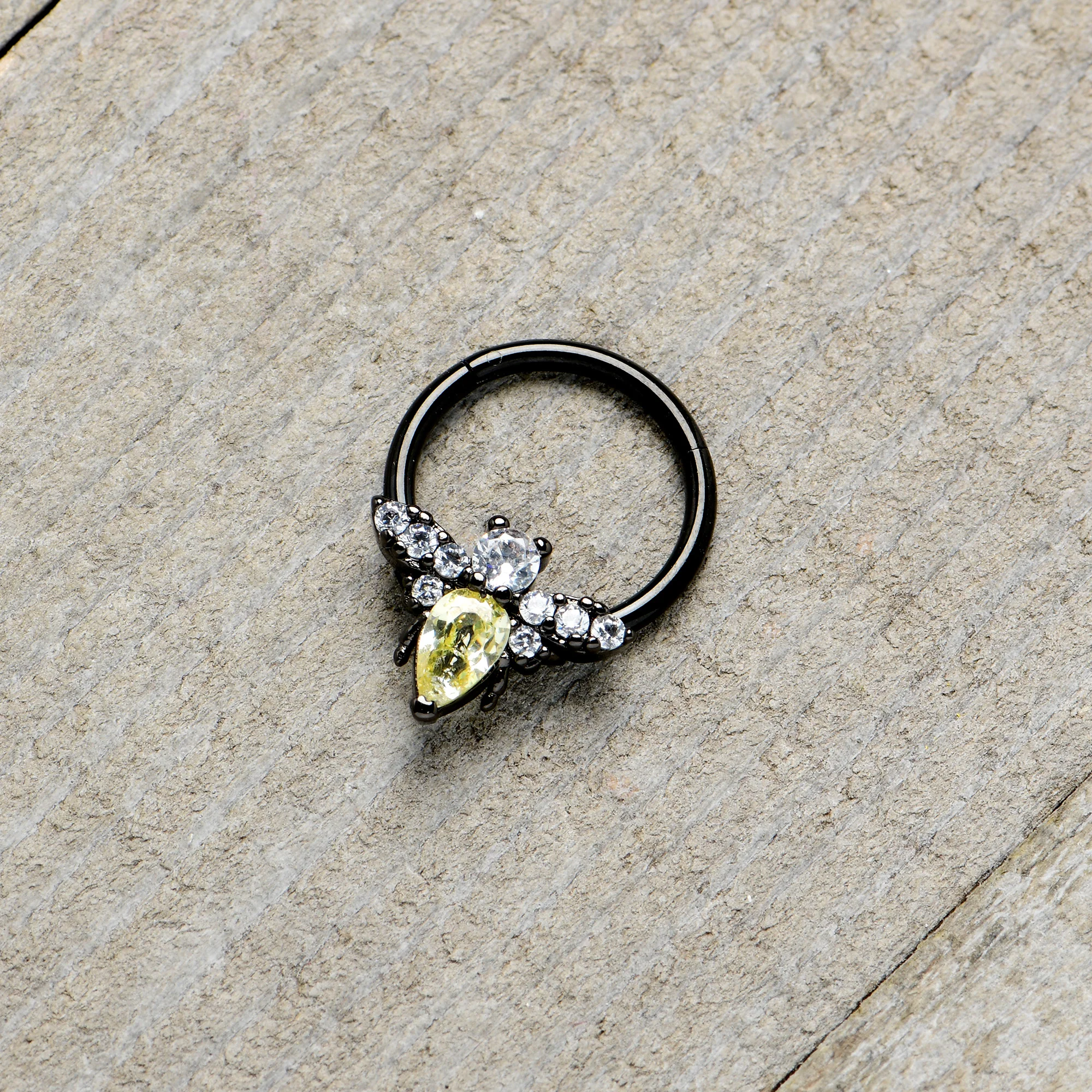 16G 3/8 Yellow Clear Gem Black Butterfly Hinged Segment Ring - Image 6