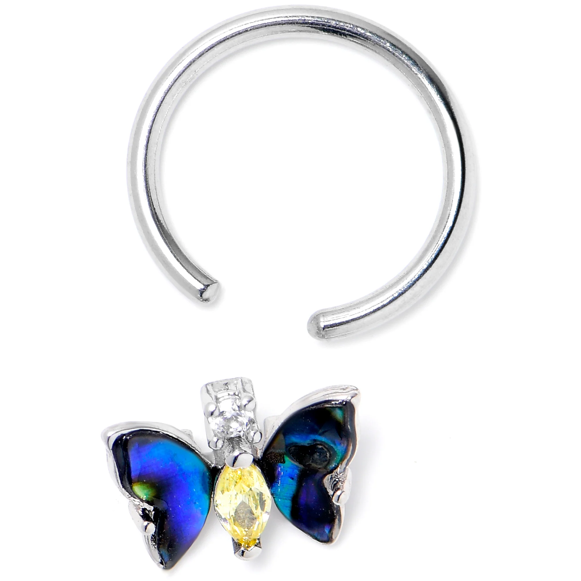 16G 3/8 Yellow Clear Gem Dark Butterfly BCR Captive Ring - Image 2