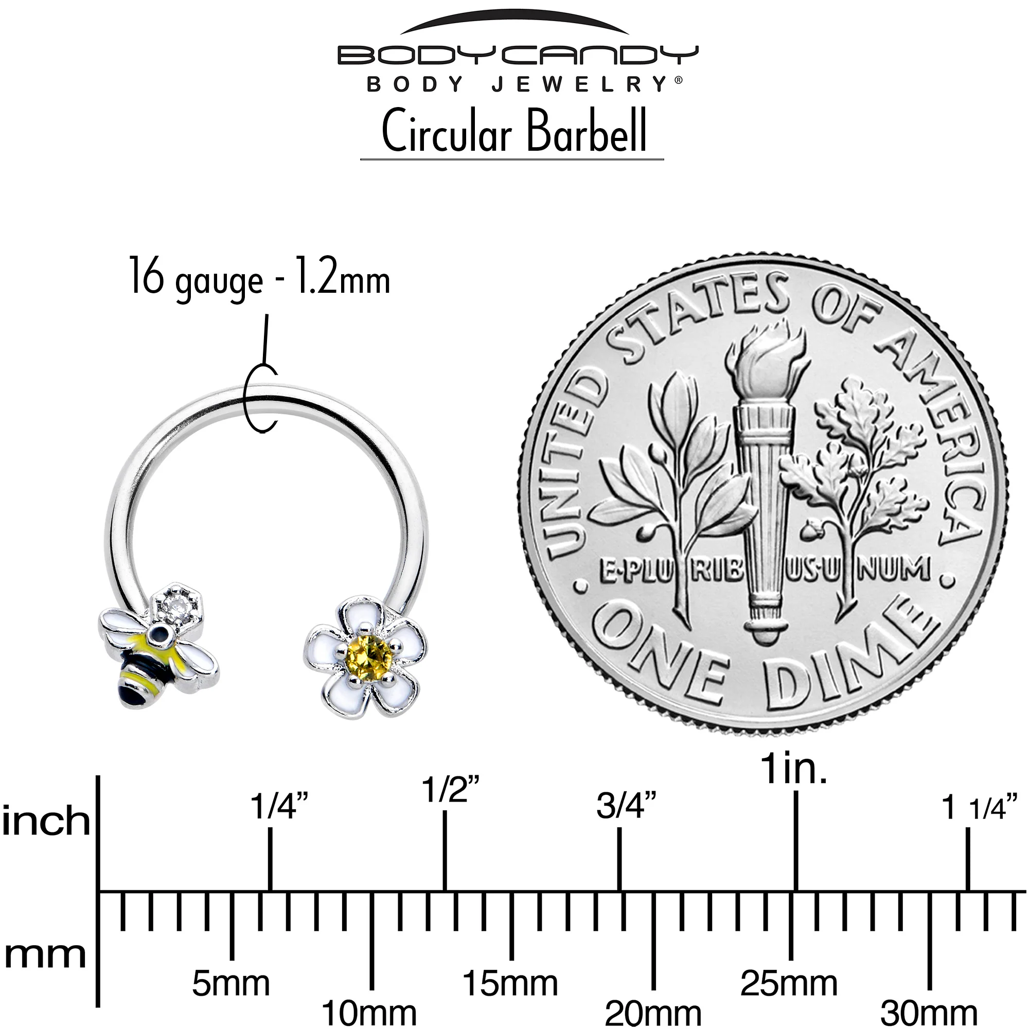 16G 3/8 Yellow CZ Gem Bee Flower Horseshoe Circular Barbell - Image 4