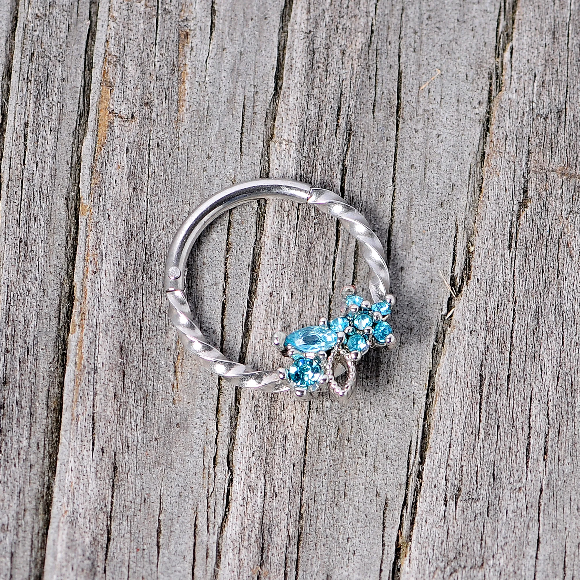 16G 3/8 Aqua Gem Star Twisted Hinged Segment Ring - Image 3