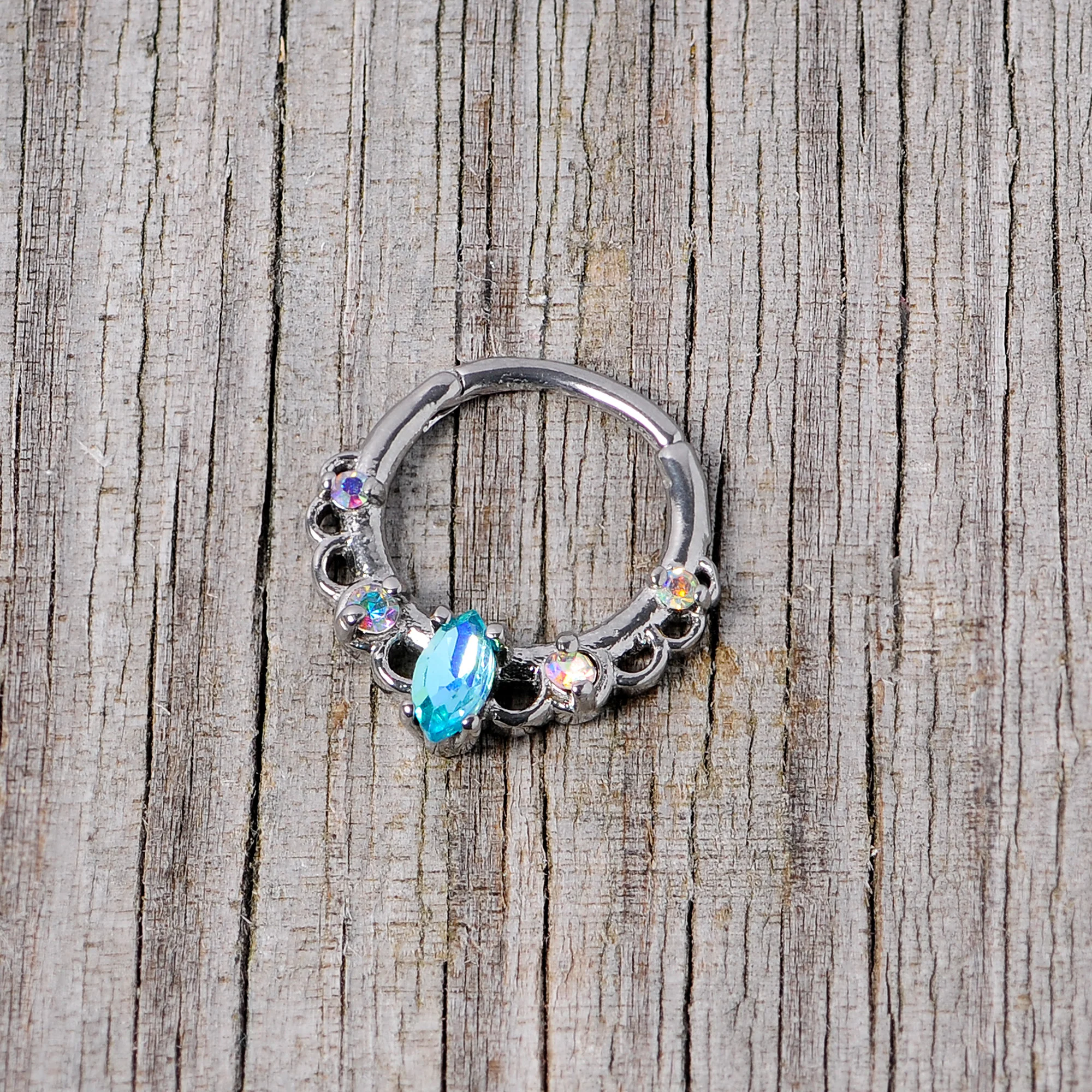 16G 3/8 Aurora Aqua CZ Gem Lacy Septum Clicker - Image 5