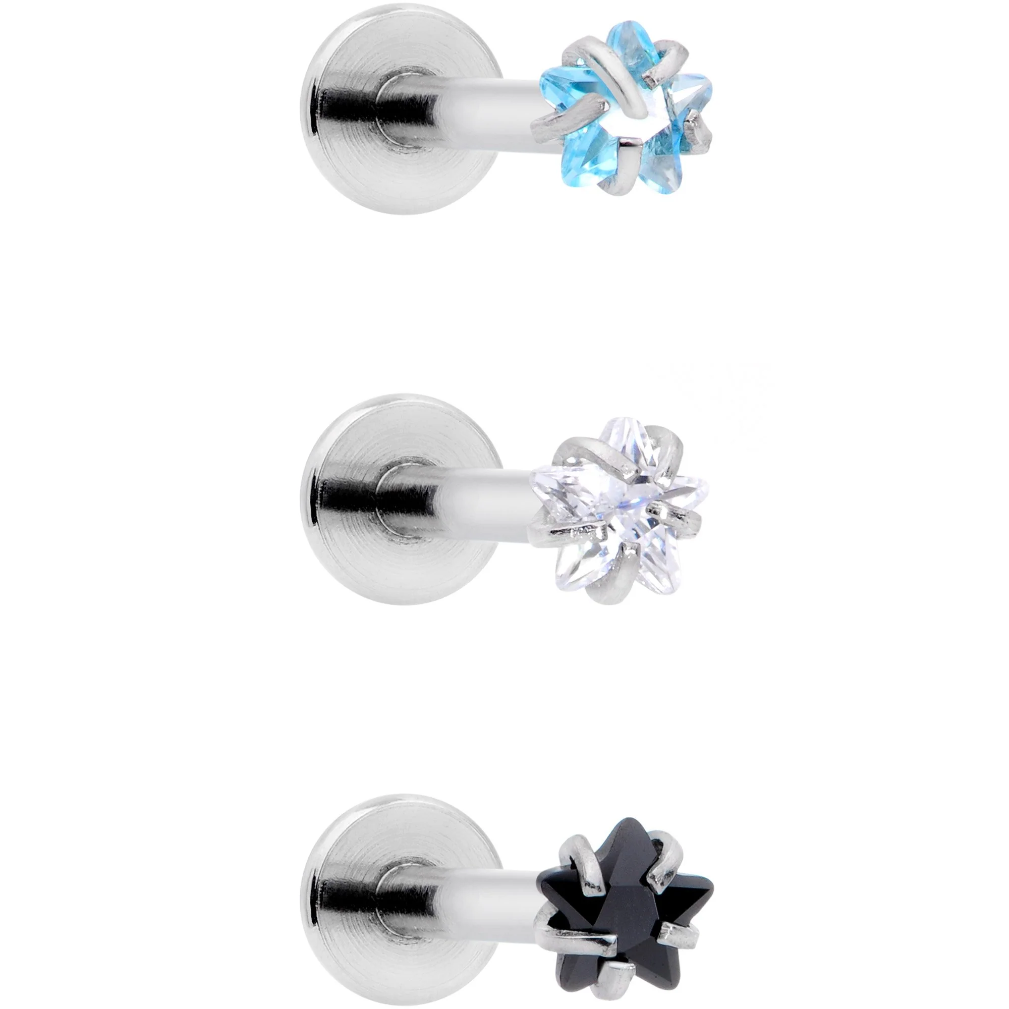 16G 3/8 Clear Black Blue Star CZ Gem Labret Tragus Set of 3 - Image 2