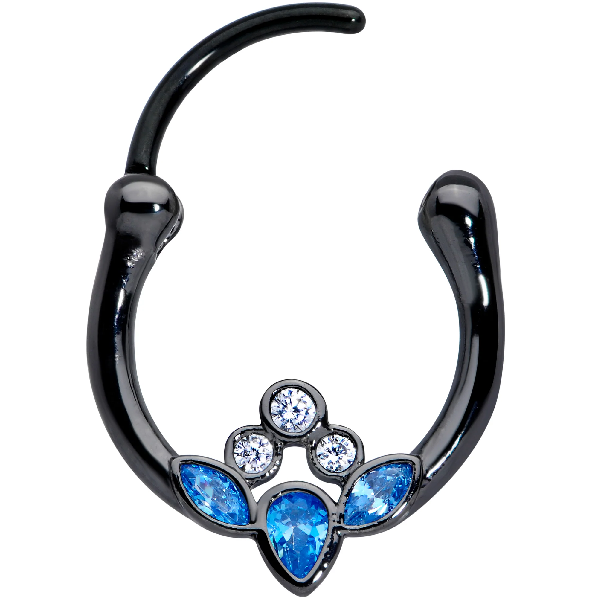16G 3/8 Clear Blue Gem Black Anodized Classic Cluster Septum Clicker - Image 3