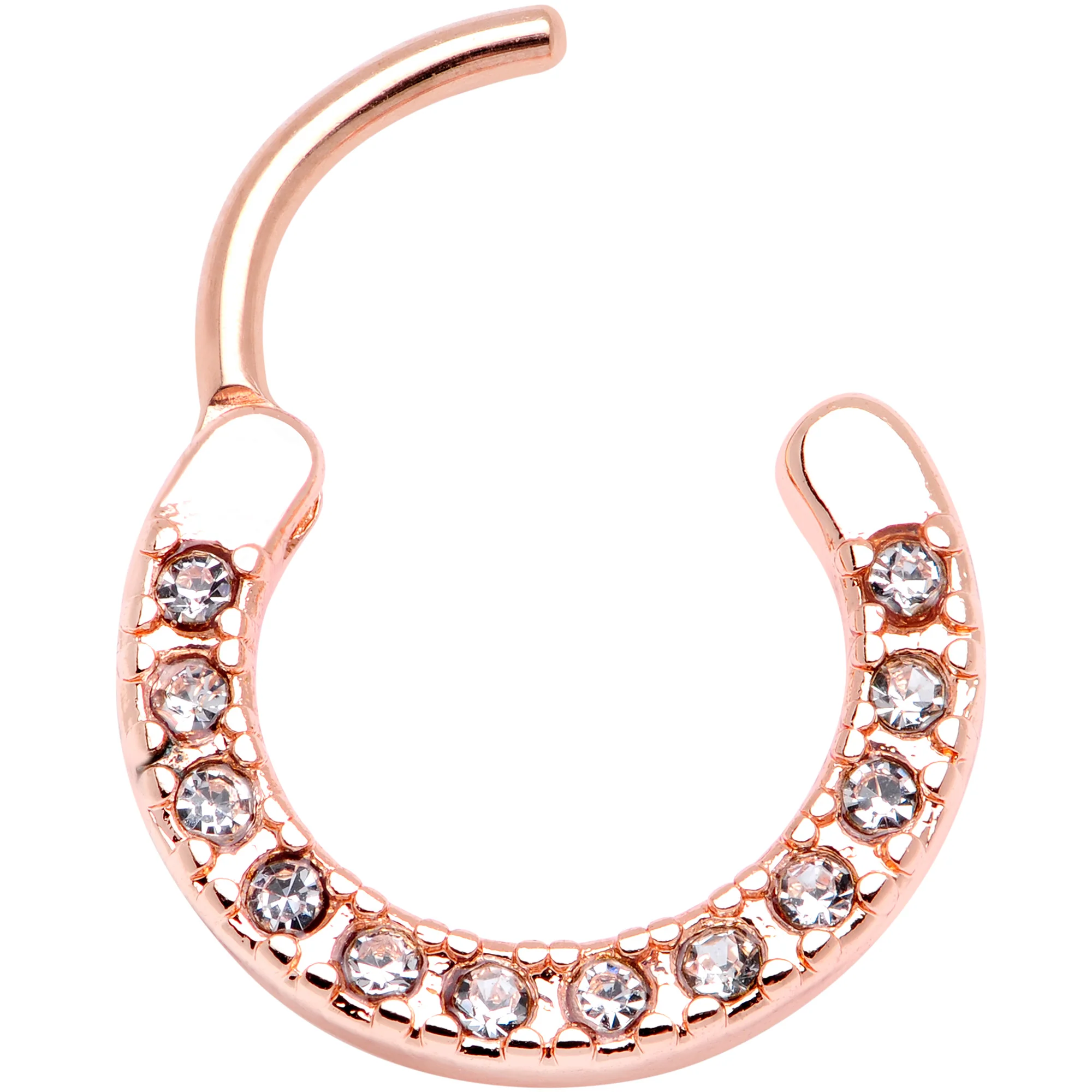 16G 3/8 Clear Gem Rose Gold Tone Paved Septum Clicker - Image 2