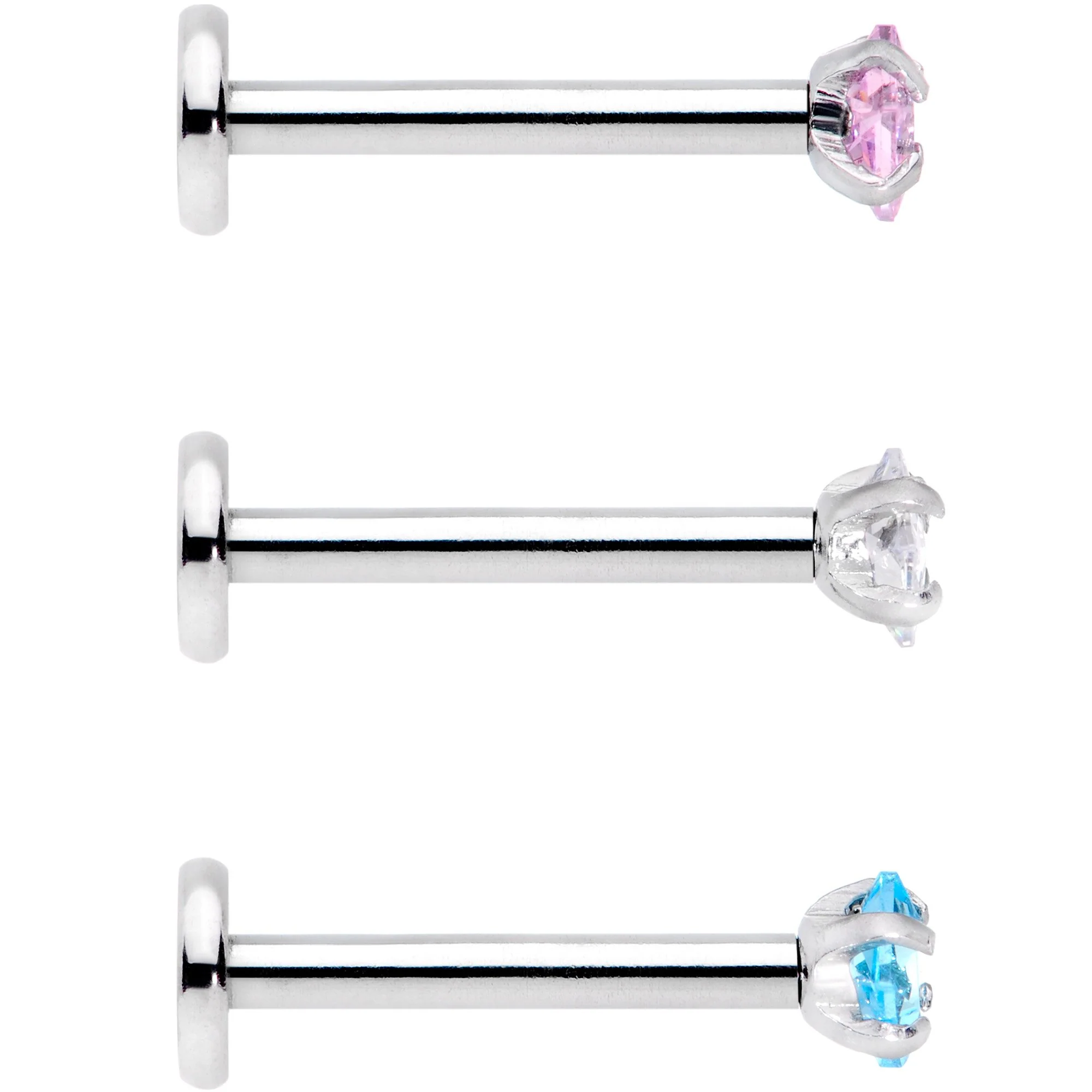 16G 3/8 Clear Pink Blue CZ Gem Labret Tragus Set of 3 - Image 3