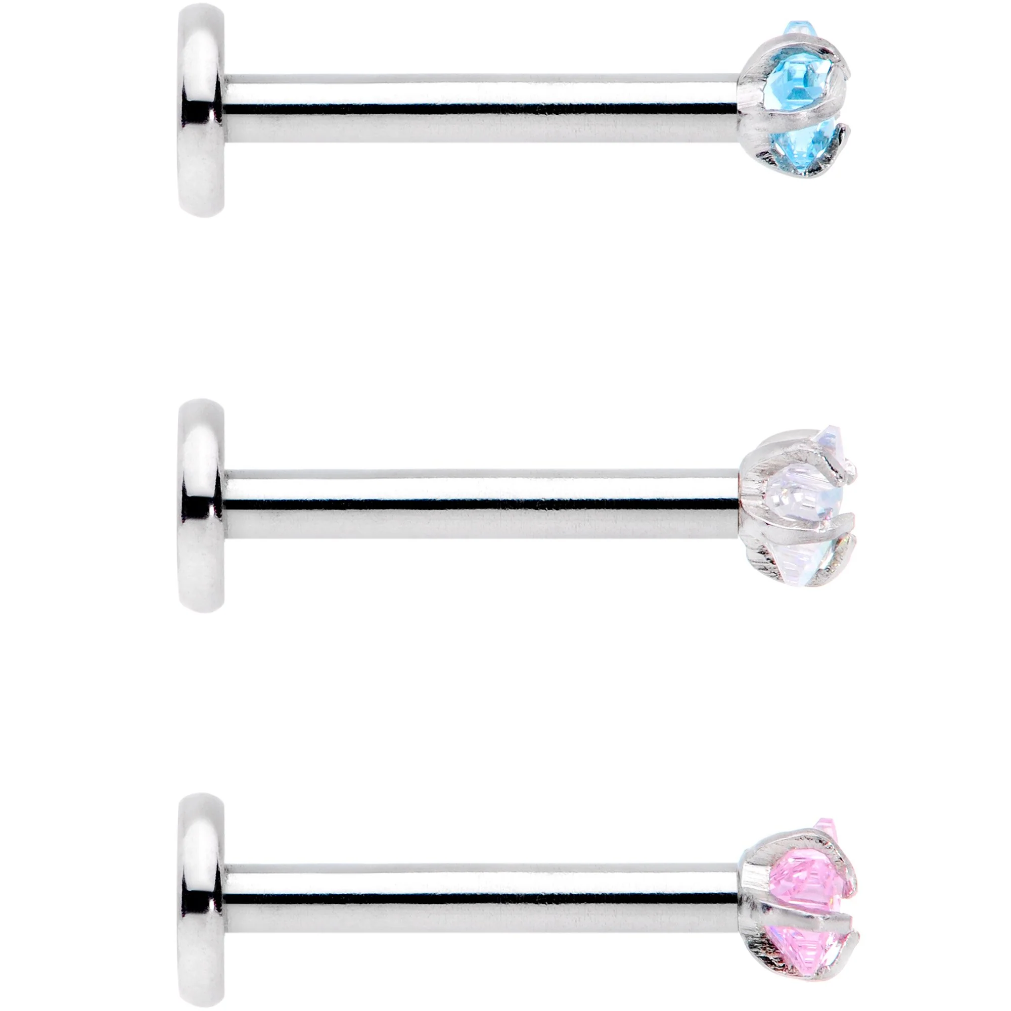 16G 3/8 Clear Pink Blue Star CZ Gem Labret Tragus Set of 3 - Image 3