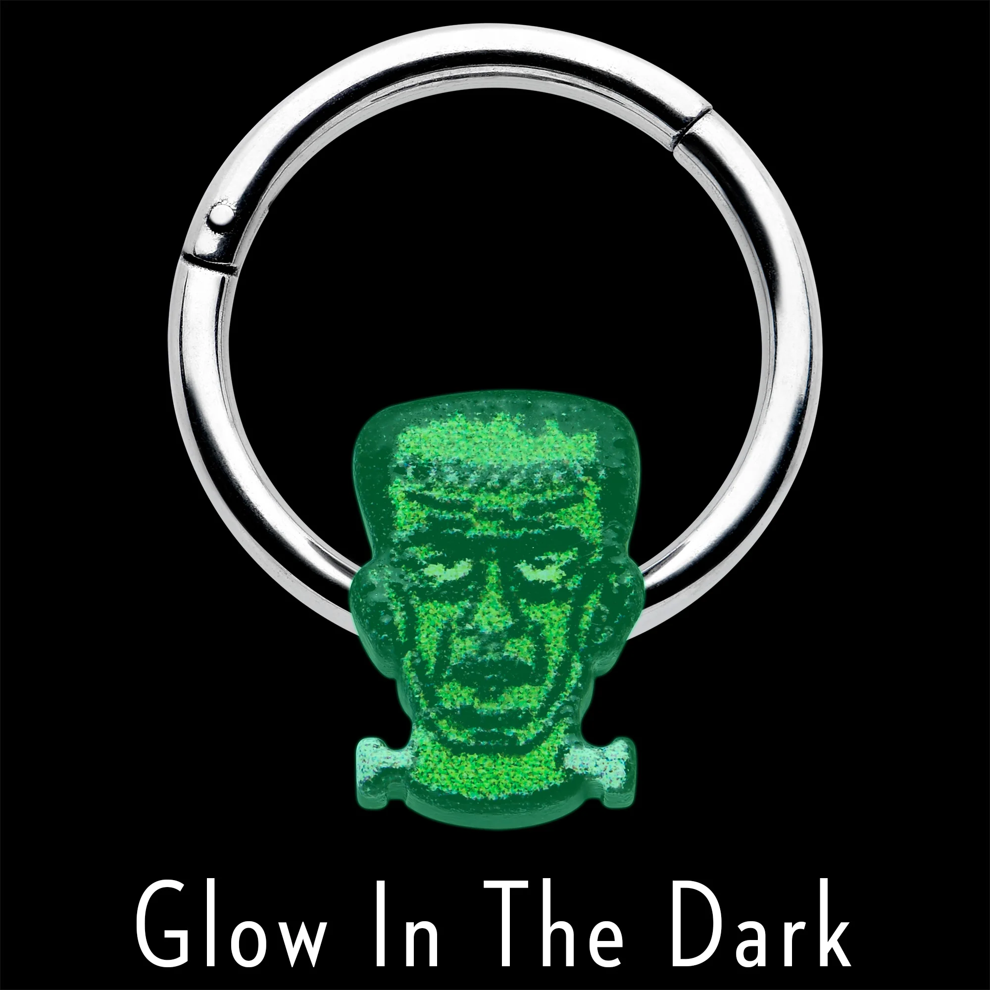 16G 3/8 Frankenstein Head Green Glow in Dark Hinged Segment Ring - Image 3