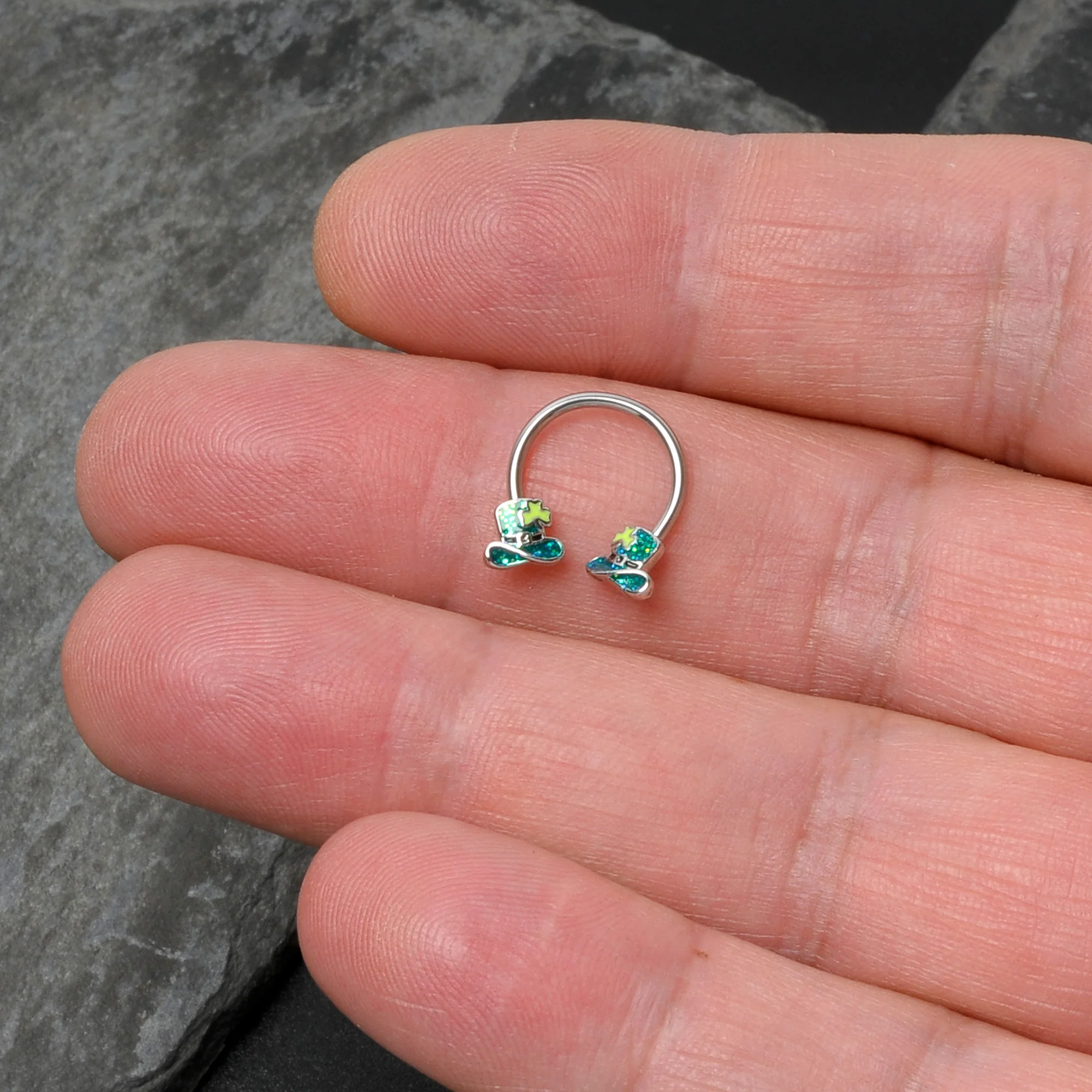 16G 3/8 Glitter Top Hat Shamrock Horseshoe Circular Barbell - Image 8
