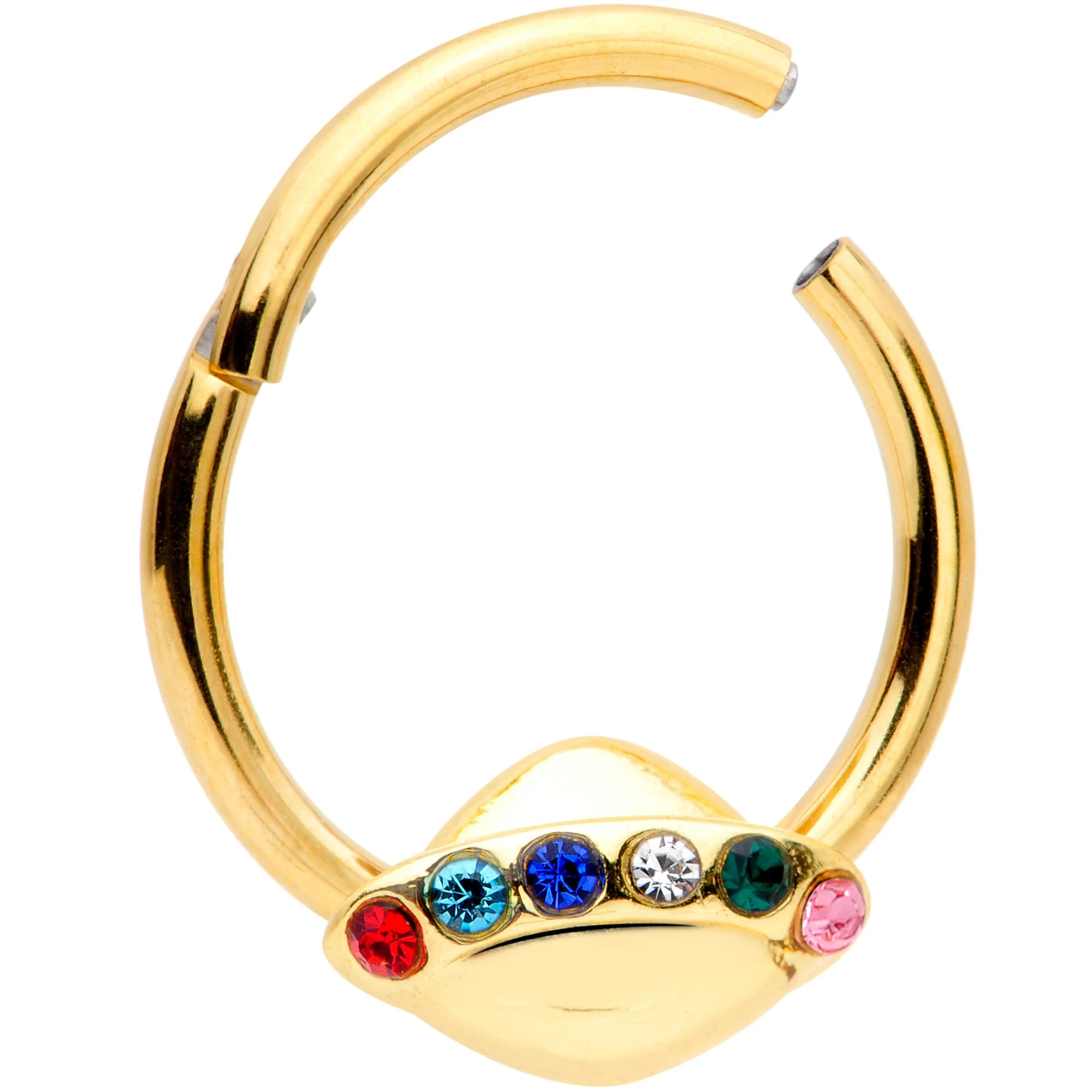 16G 3/8 Multicolor Gem Gold Tone UFO Hinged Segment Ring - Image 2