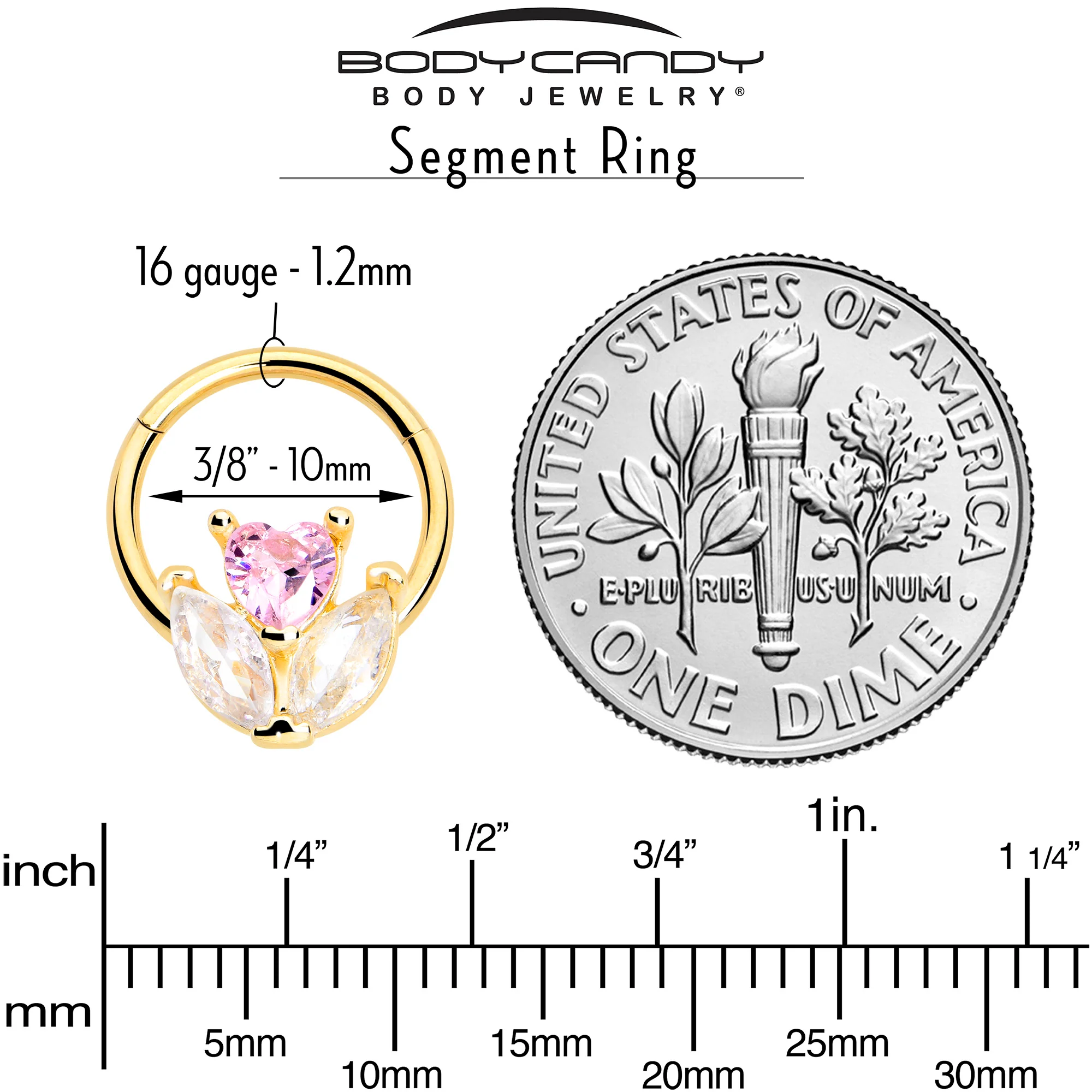 16G 3/8 Pink CZ Gem Gold Tone Love Flower Hinged Segment Ring - Image 3