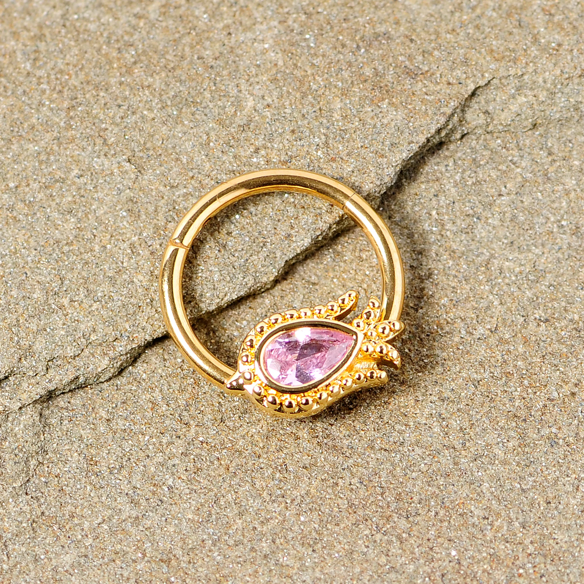 16G 3/8 Pink Gem Gold Tone Tulip Flower Hinged Segment Ring - Image 3