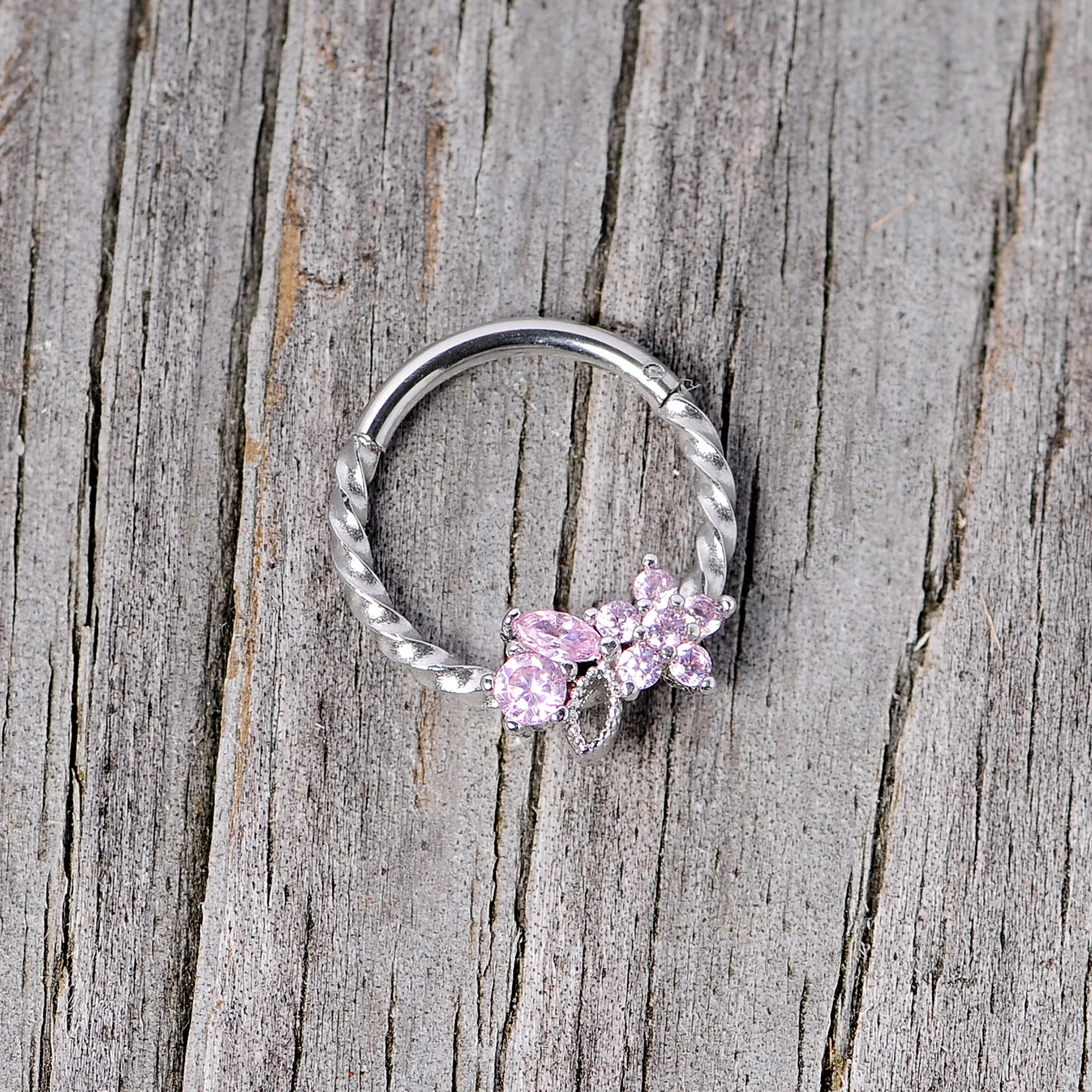 16G 3/8 Pink Gem Star Twisted Hinged Segment Ring - Image 3