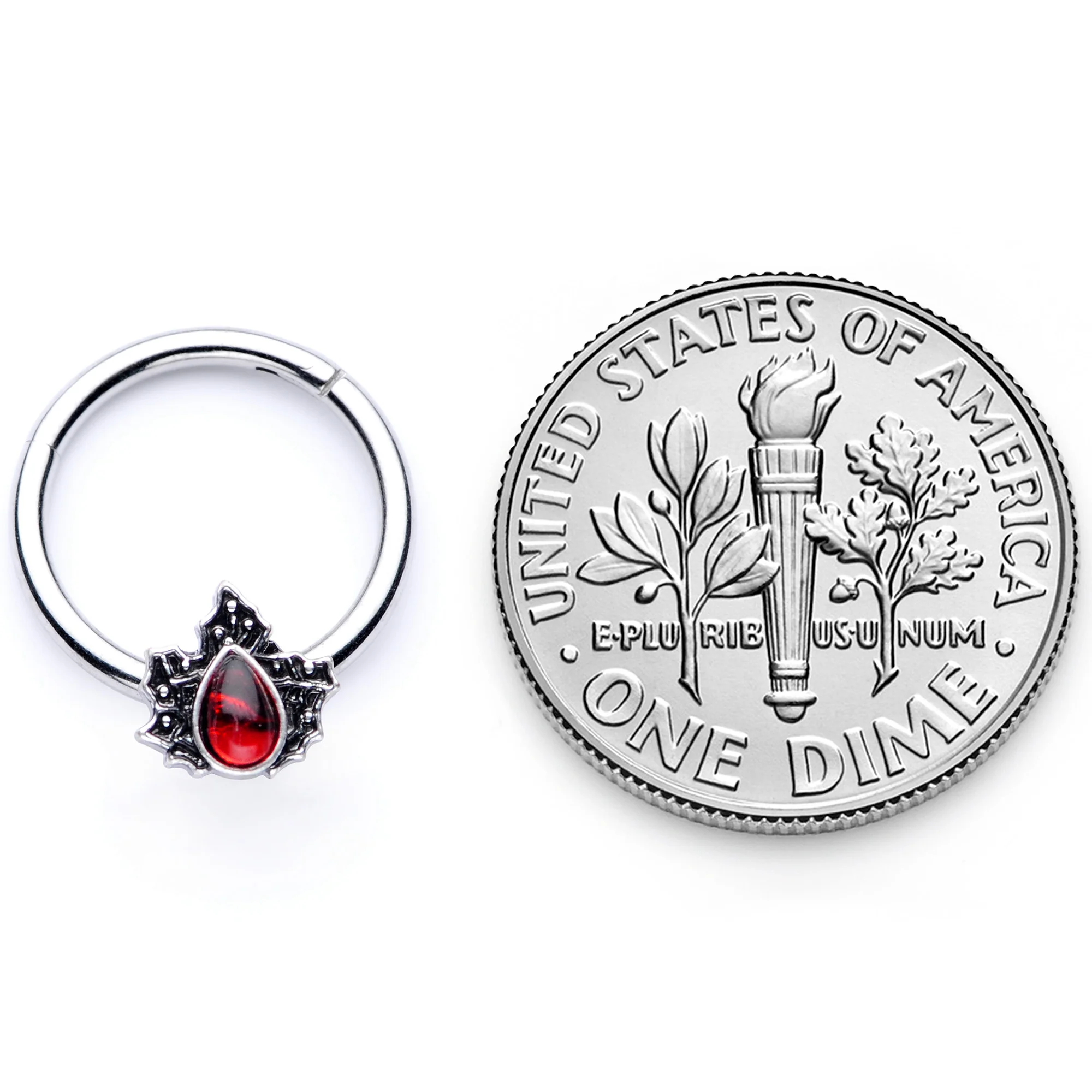 16G 3/8 Red Gem Holly Leaf Holiday Hinged Segment Ring - Image 7