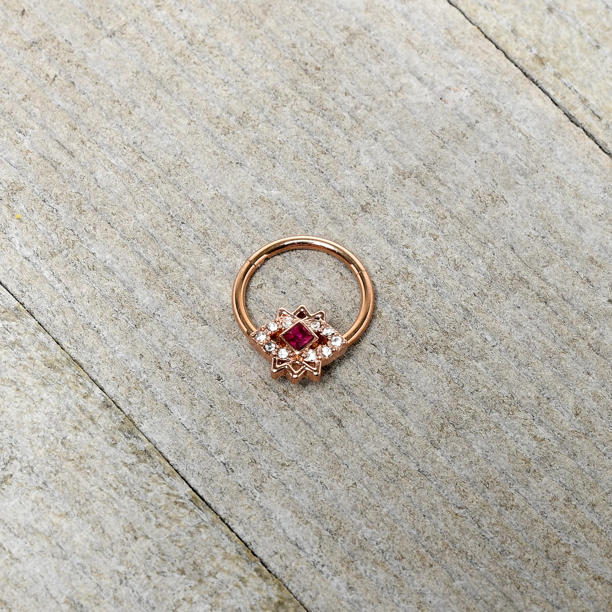 16G 3/8 Red Gem Rose Gold Tone Octogram Star Hinged Circular Ring - Image 4