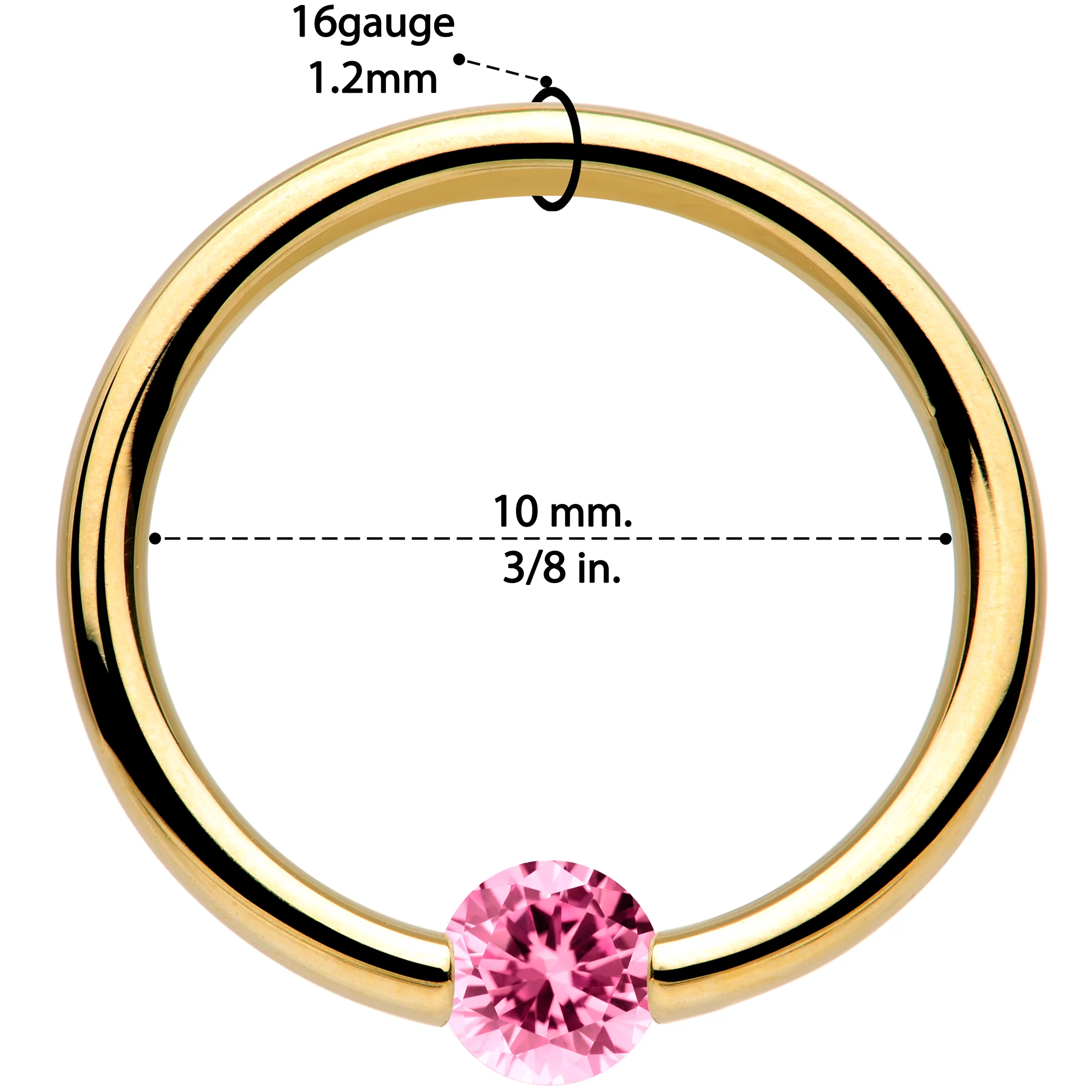 16G 3/8 Solid 14k Yellow Gold 3mm Pink Cubic Zirconia Tension Captive Ring - Image 3