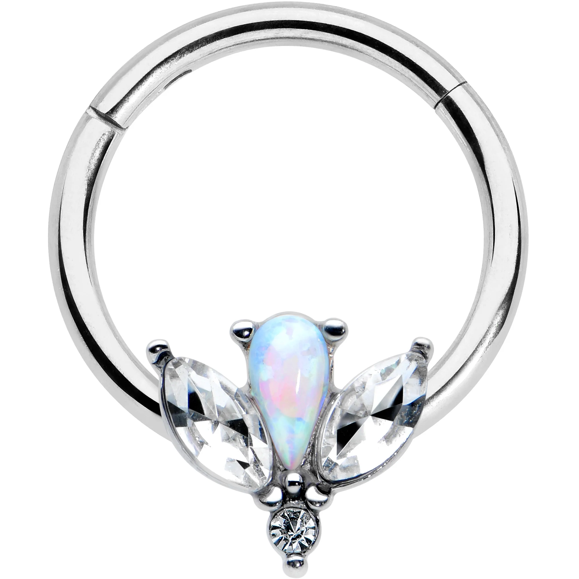 16G 3/8 White Faux Opal Style Flower Hinged Segment Ring
