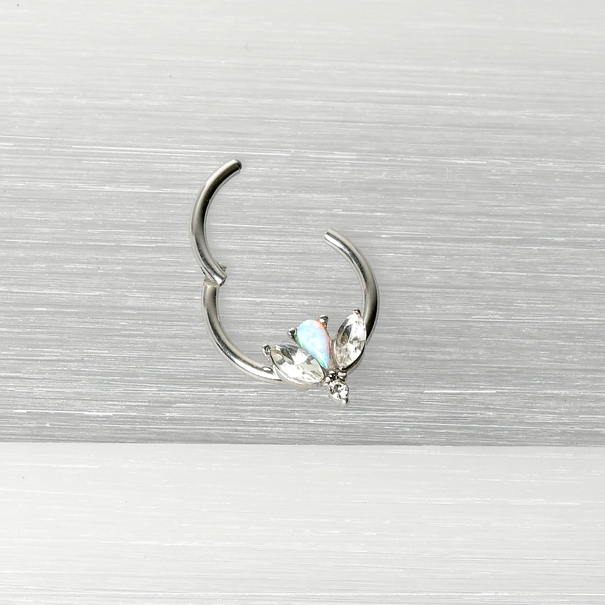 16G 3/8 White Faux Opal Style Flower Hinged Segment Ring - Image 6