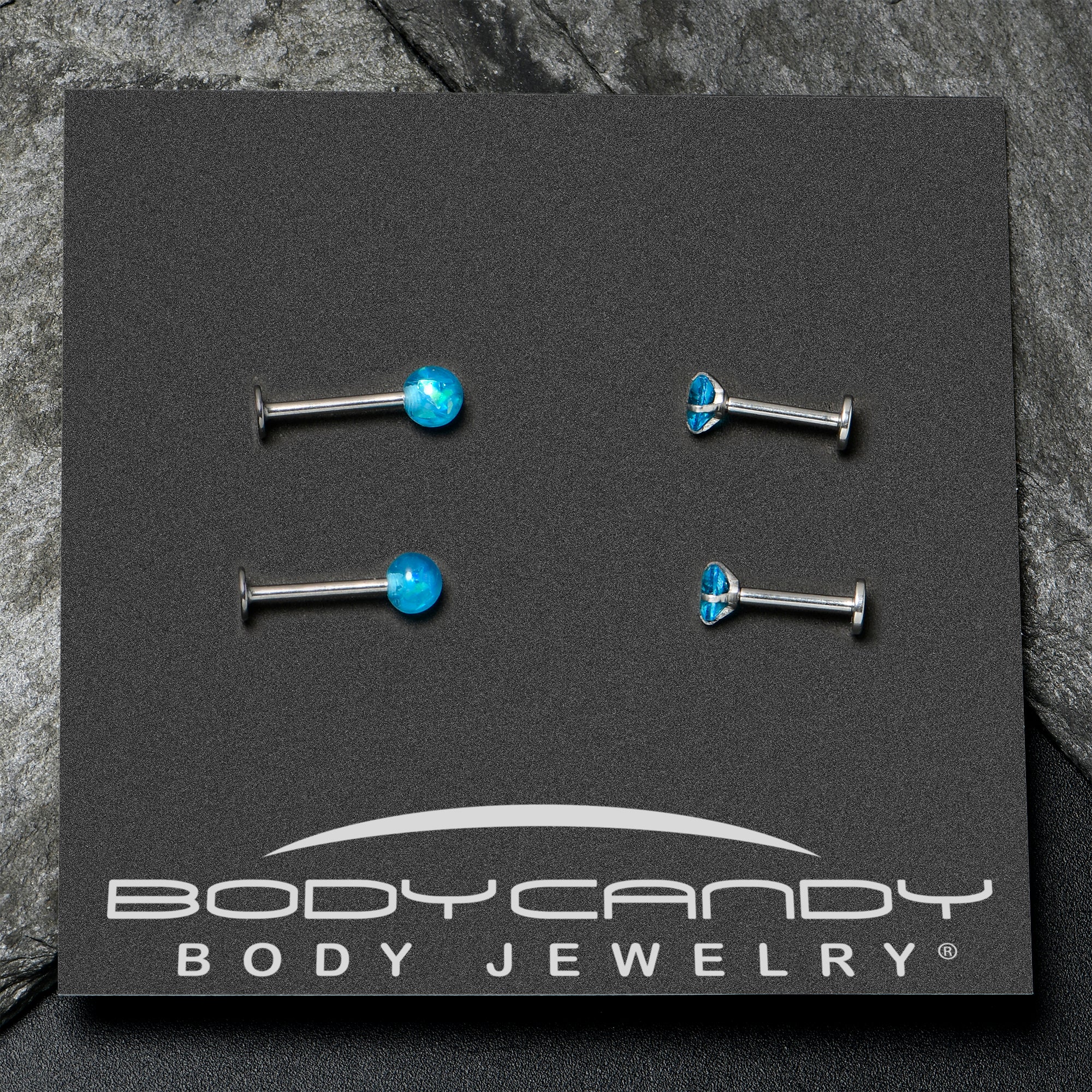 16G 5/16 3/8 Blue Gem Faux Opal Labret Monroe Tragus Set of 4 - Image 7