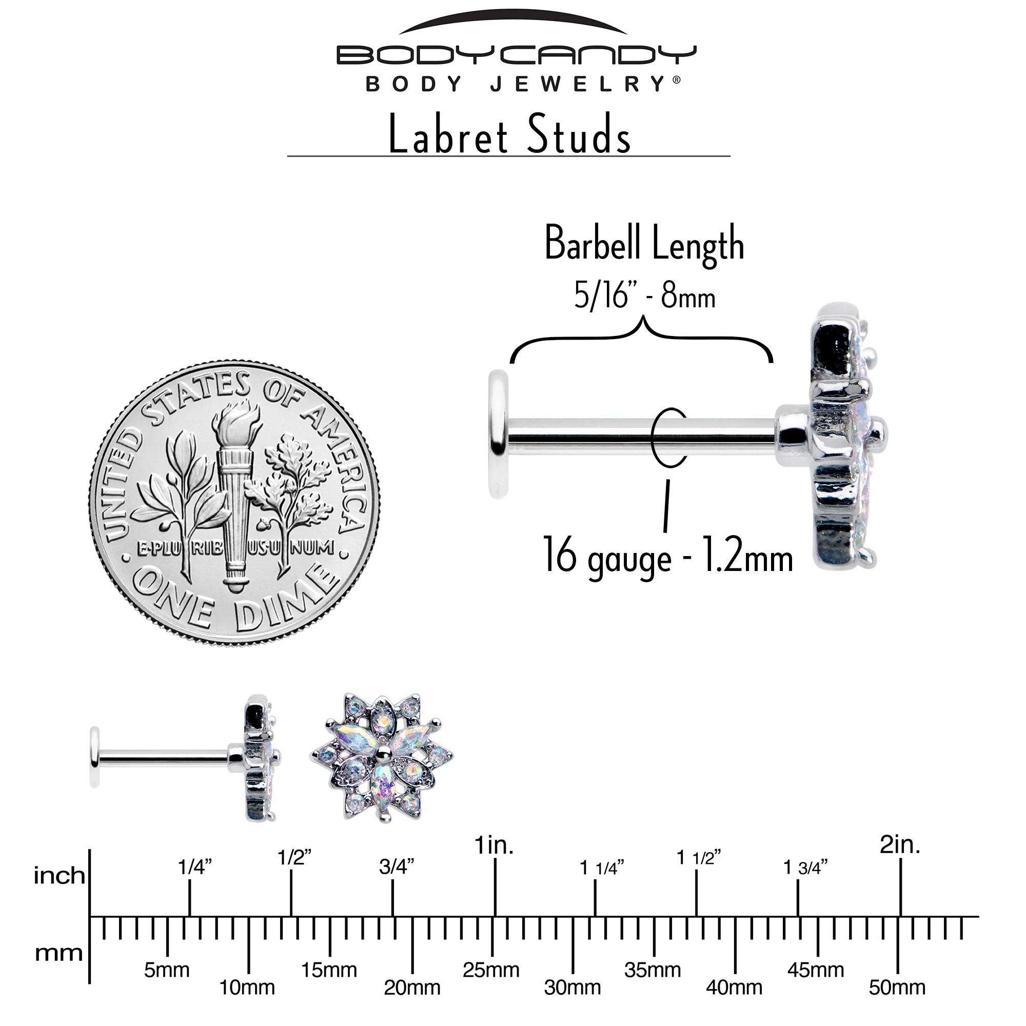 16G 5/16 Aurora CZ Gem Snowflake Style Labret Monroe Tragus - Image 5