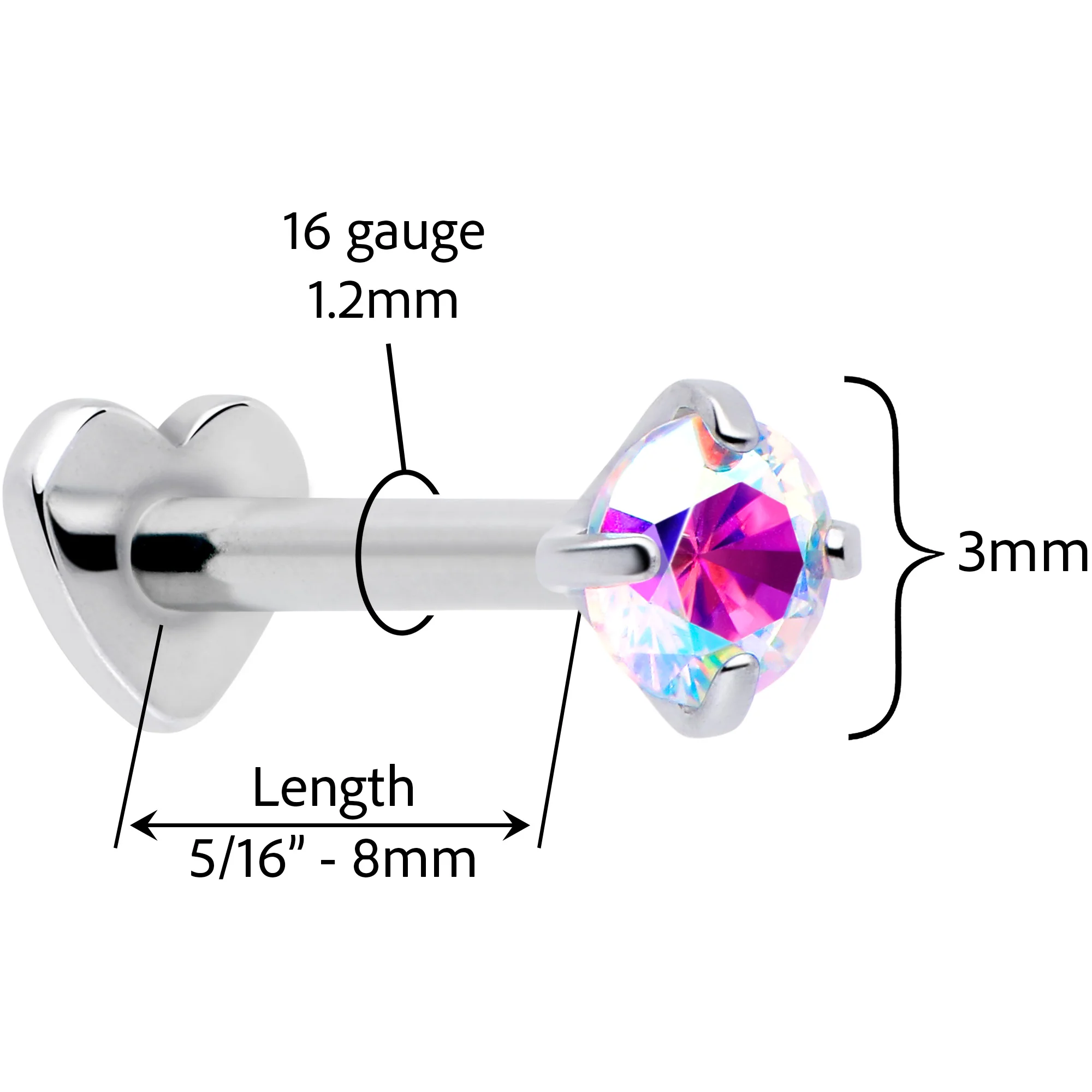 16G 5/16 Aurora CZ Implant Grade Titanium Threadless Reversible Heart Flatback Stud - Image 4