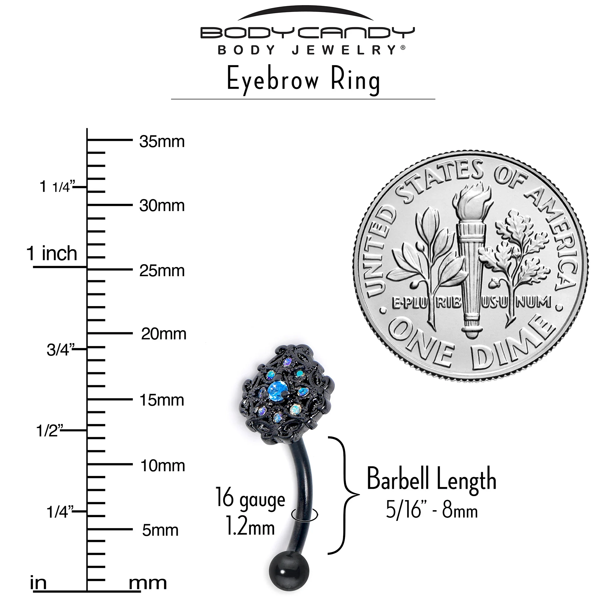 16G 5/16 Blue Aurora Gem Black Night Blossom Curved Eyebrow Ring - Image 4