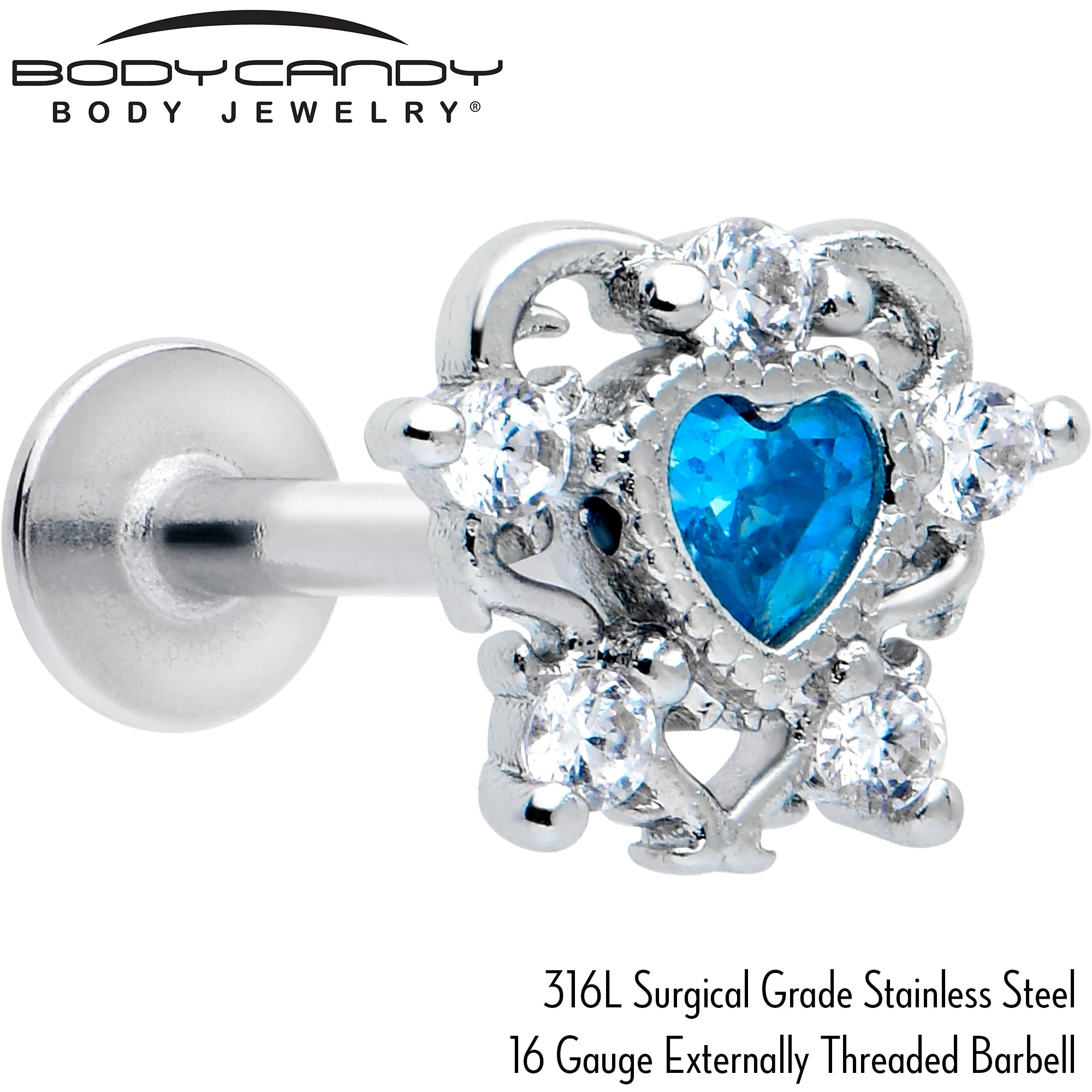 16G 5/16 Blue Clear CZ Gem Heart Pair Labret Monroe Tragus - Image 2