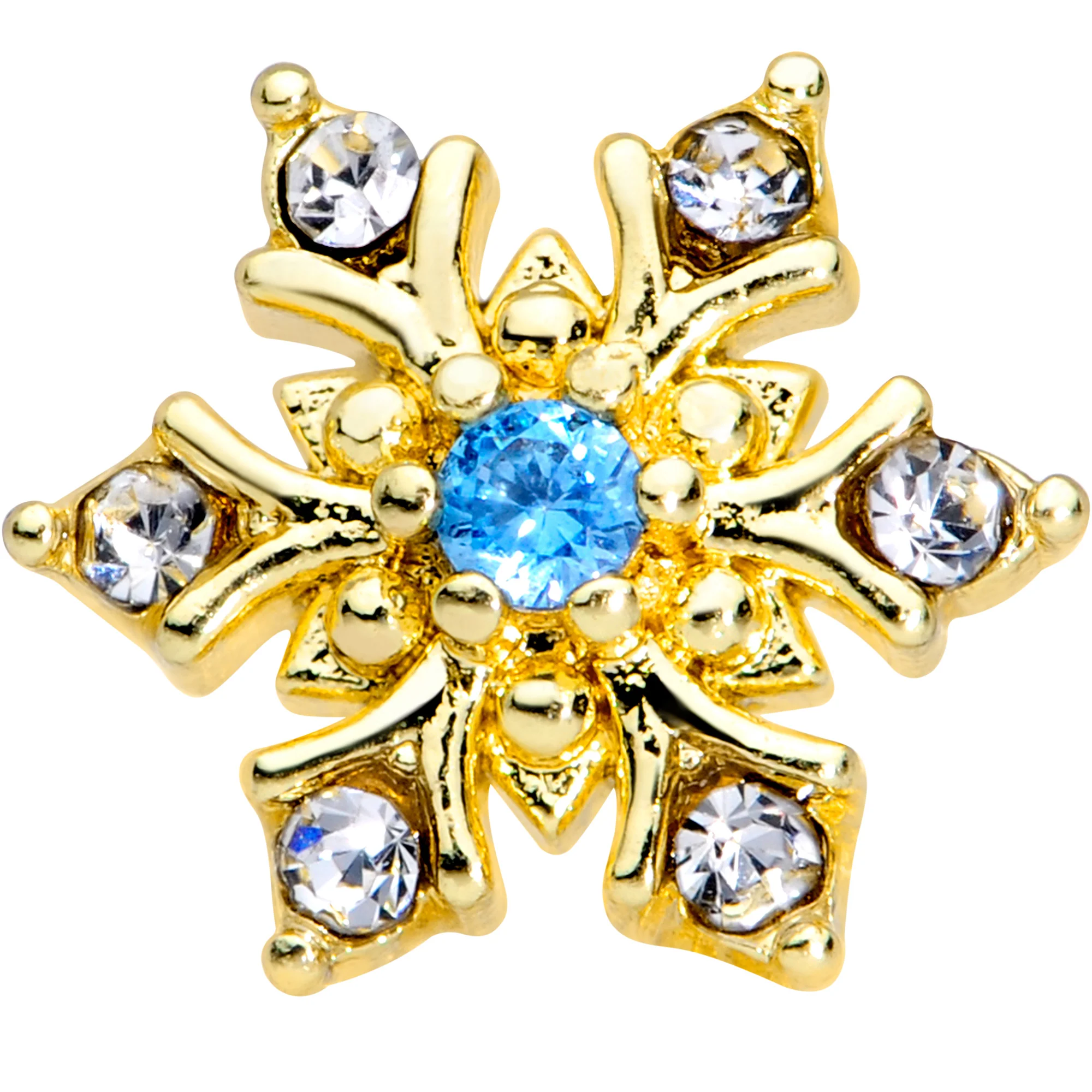 16G 5/16 Blue CZ Gold Tone Snowflake Christmas Labret Tragus - Image 2