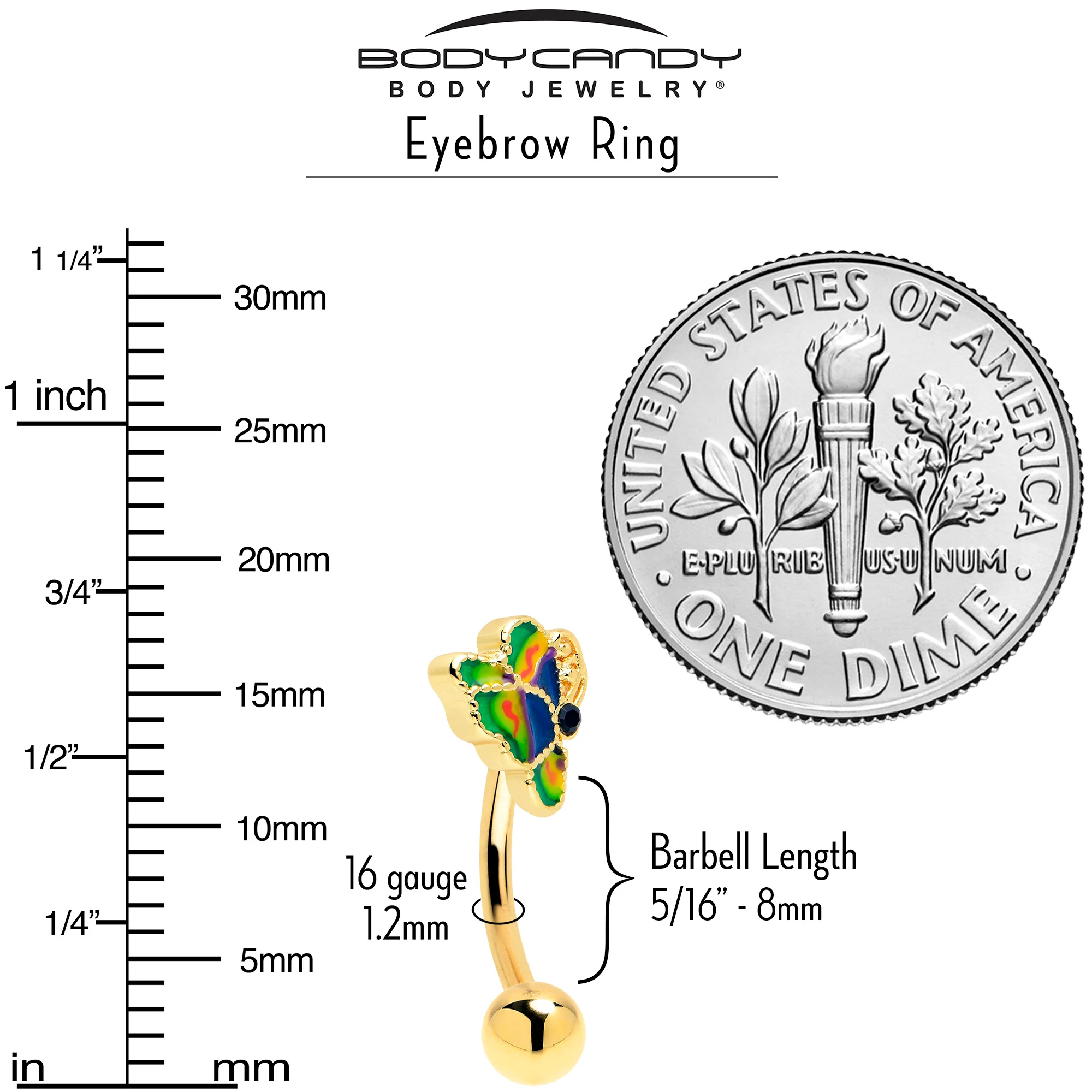 16G 5/16 Blue Gem Gold Tone Butterfly Colors Curved Eyebrow Ring - Image 4