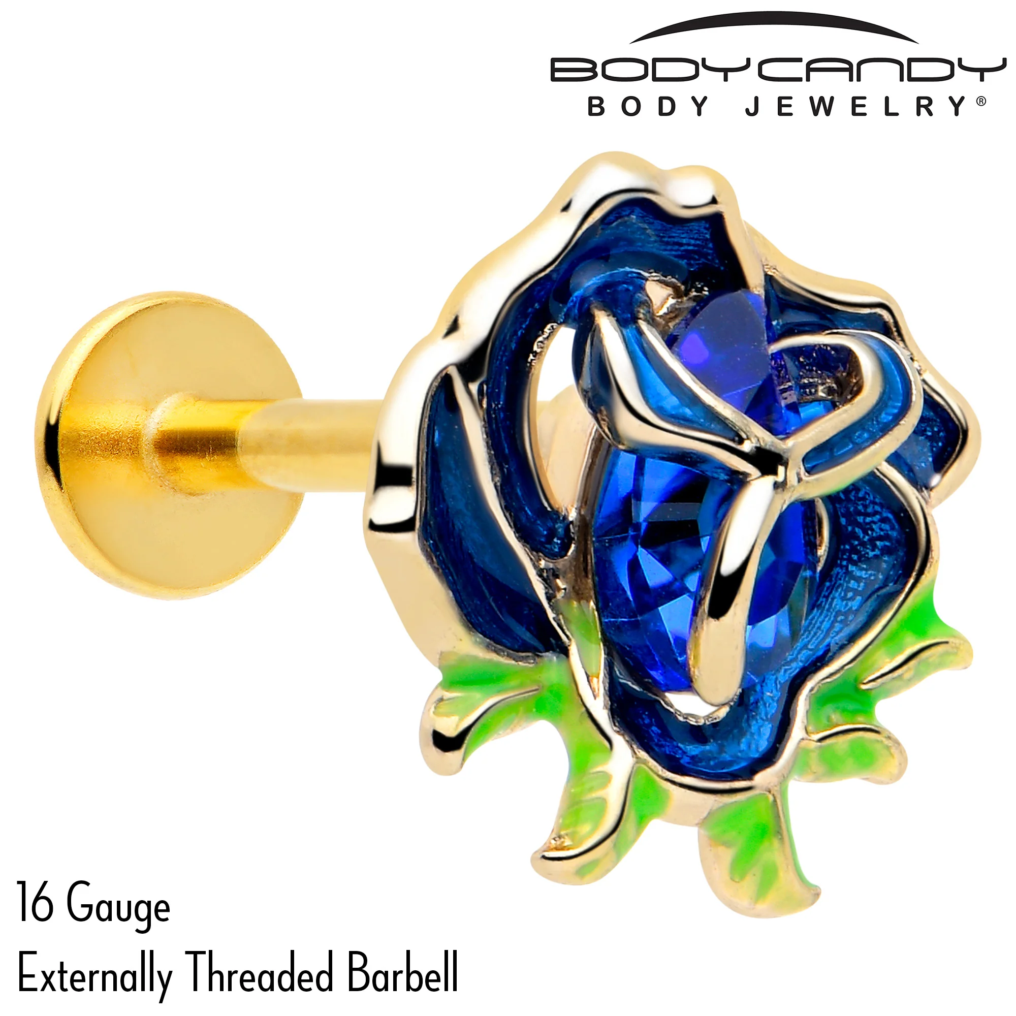 16G 5/16 Blue Gem Gold Tone Deep Blue Flower Labret Monroe Tragus - Image 2