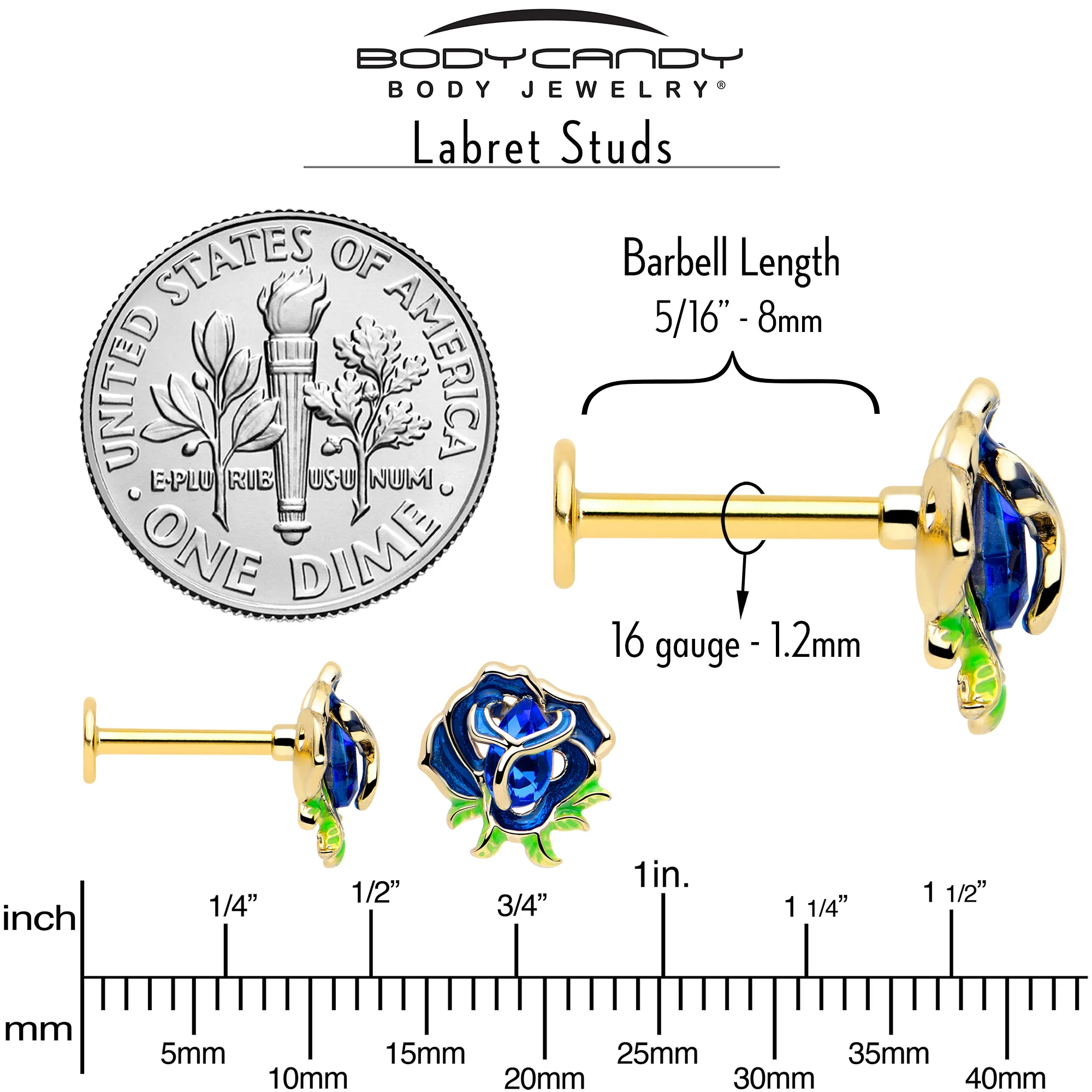 16G 5/16 Blue Gem Gold Tone Deep Blue Flower Labret Monroe Tragus - Image 5