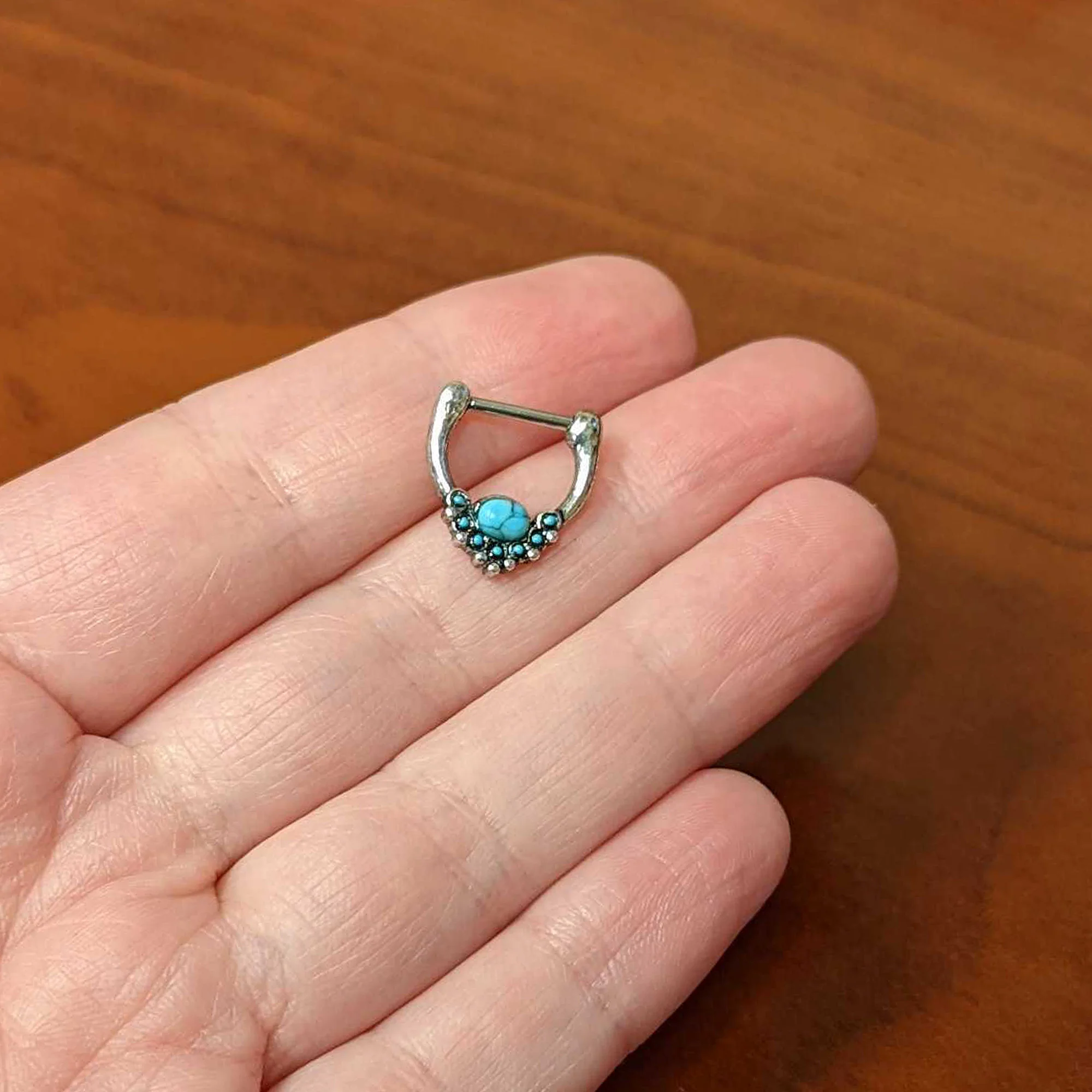 16G 5/16 Blue Turquoise Stone Shield Cartilage Clicker - Image 4