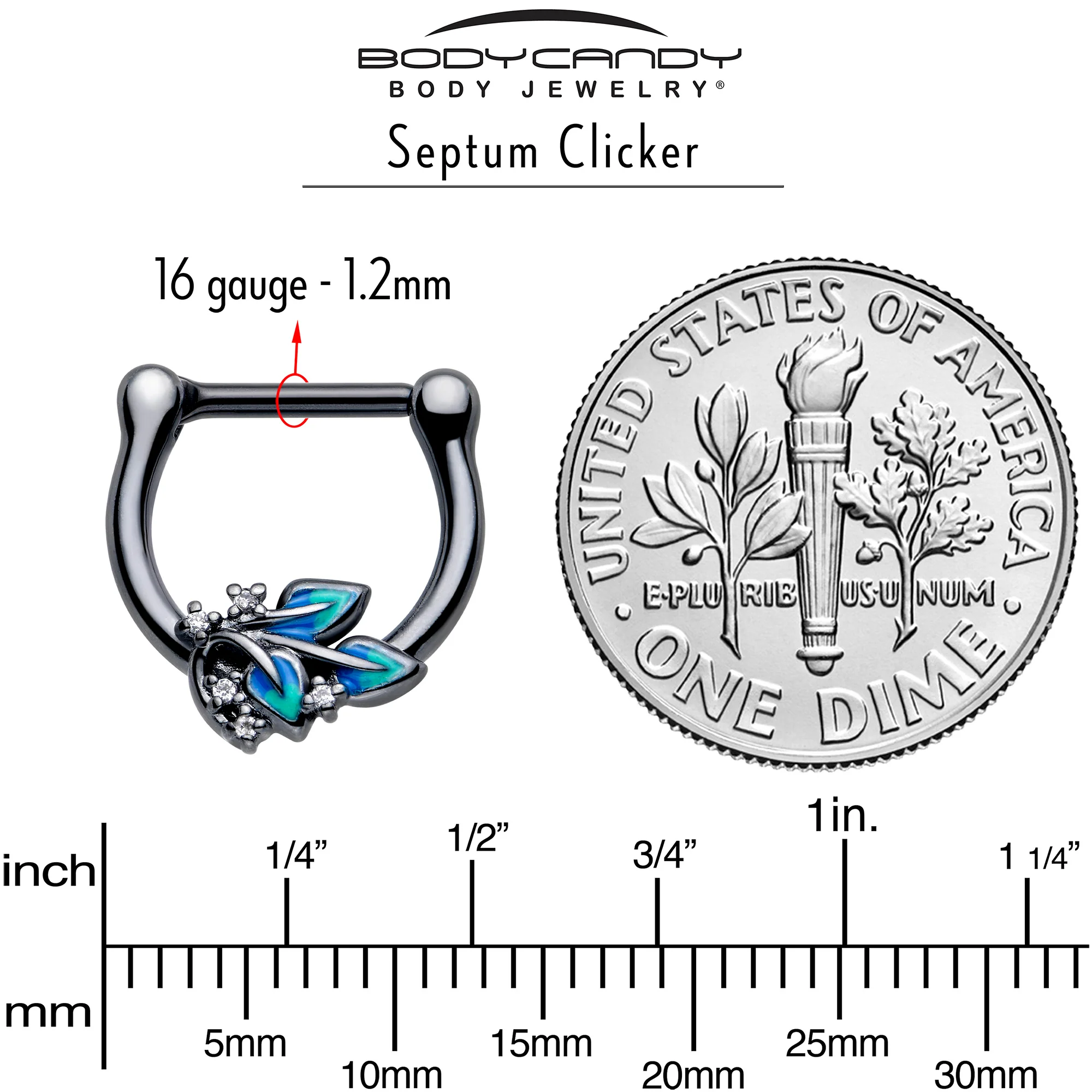 16G 5/16 Clear CZ Gem Black Lush Leaves Cartilage Clicker - Image 4
