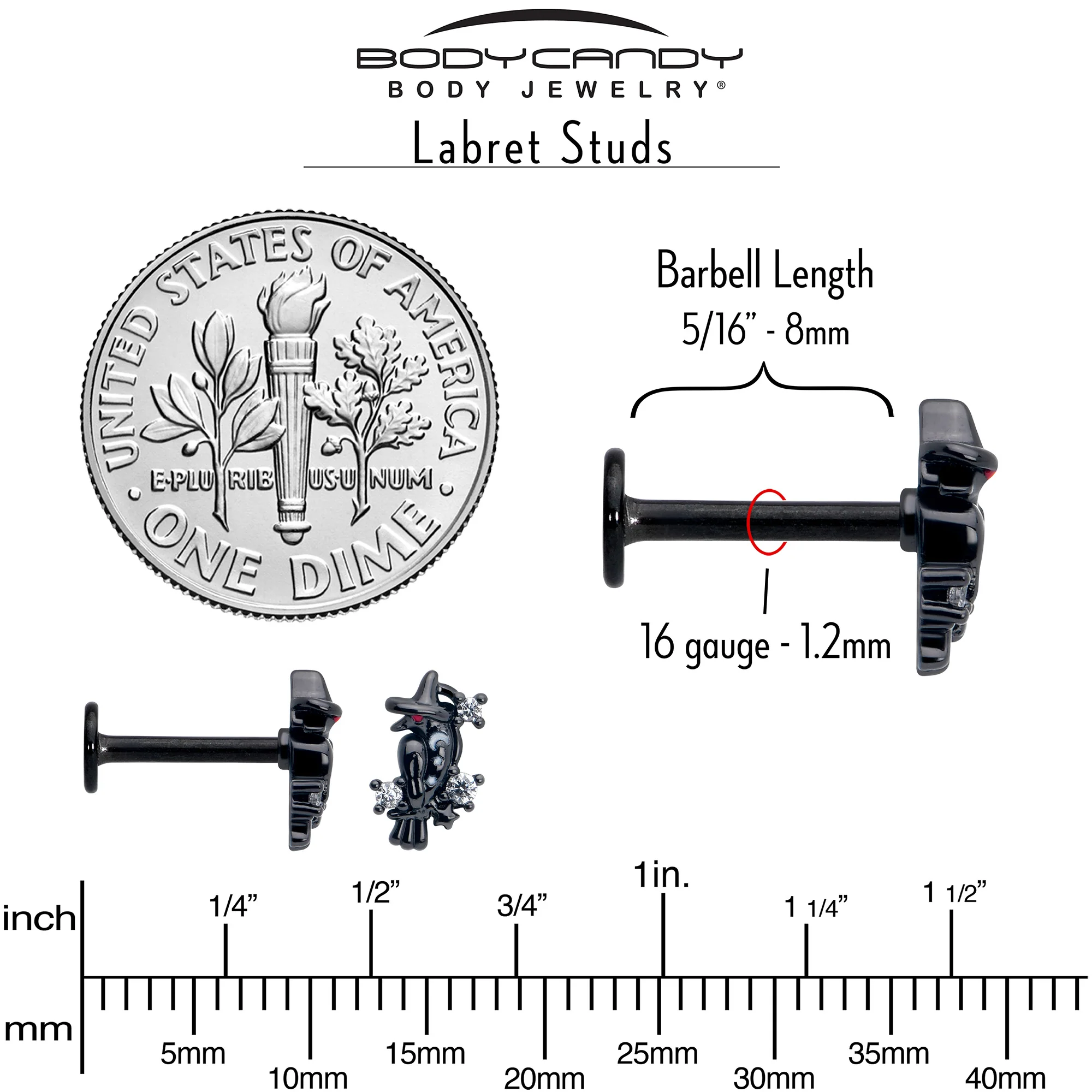 16G 5/16 Clear CZ Gem Black Raven Witch Labret Monroe Tragus - Image 5