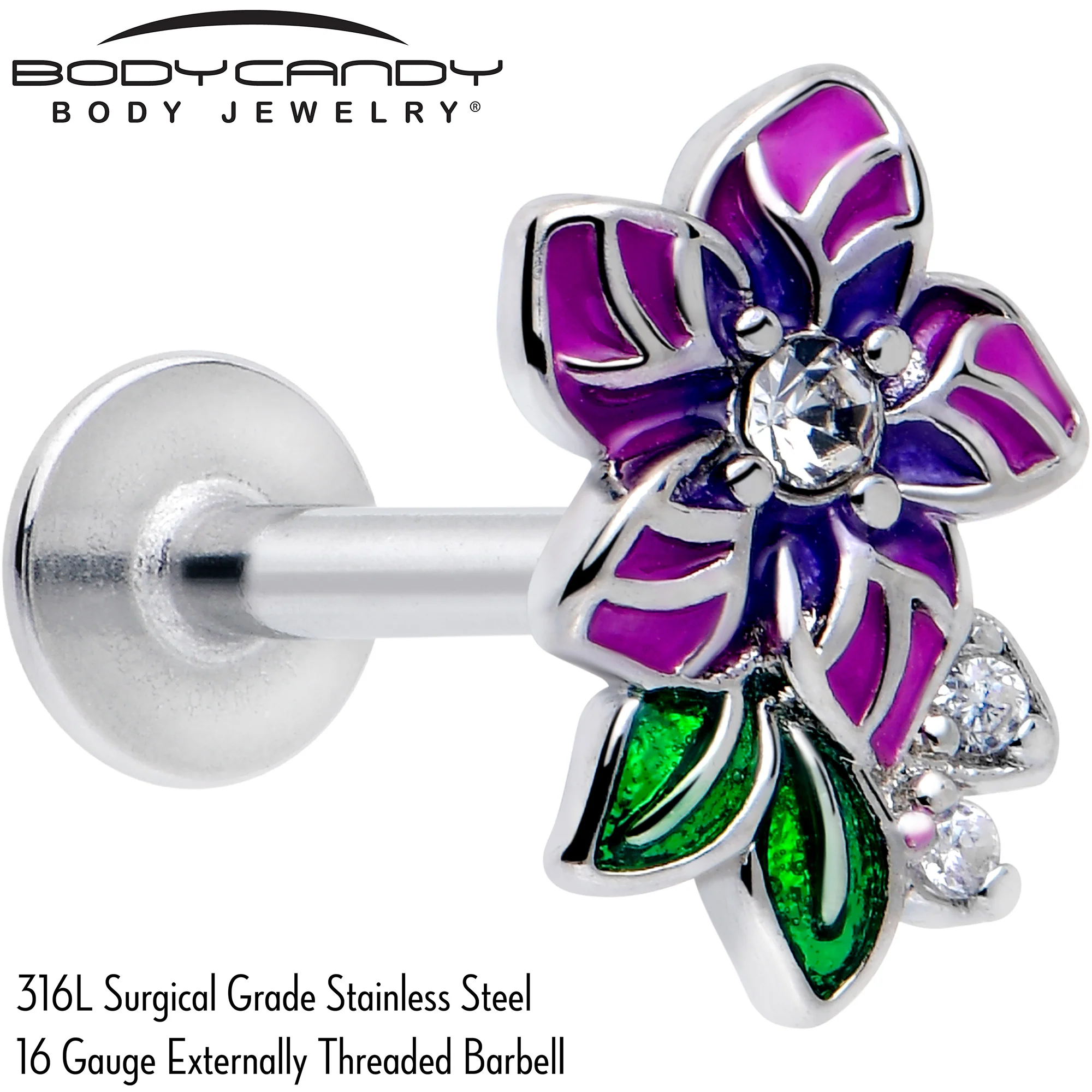 16G 5/16 Clear CZ Gem Flower Purple Flatback Stud - Image 2