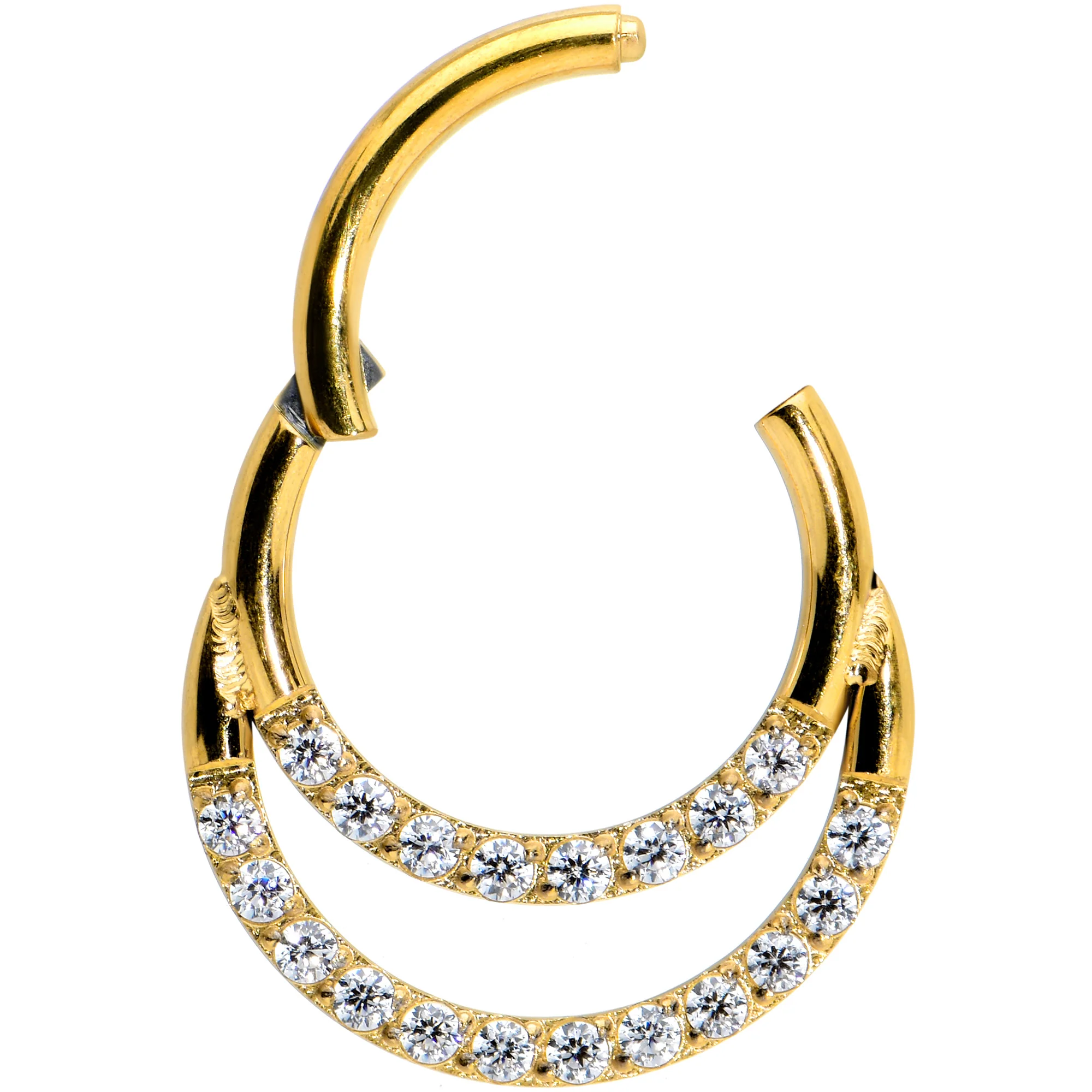 16G 5/16 Clear CZ Gem Gold Tone Double Row Hinged Segment Ring - Image 2