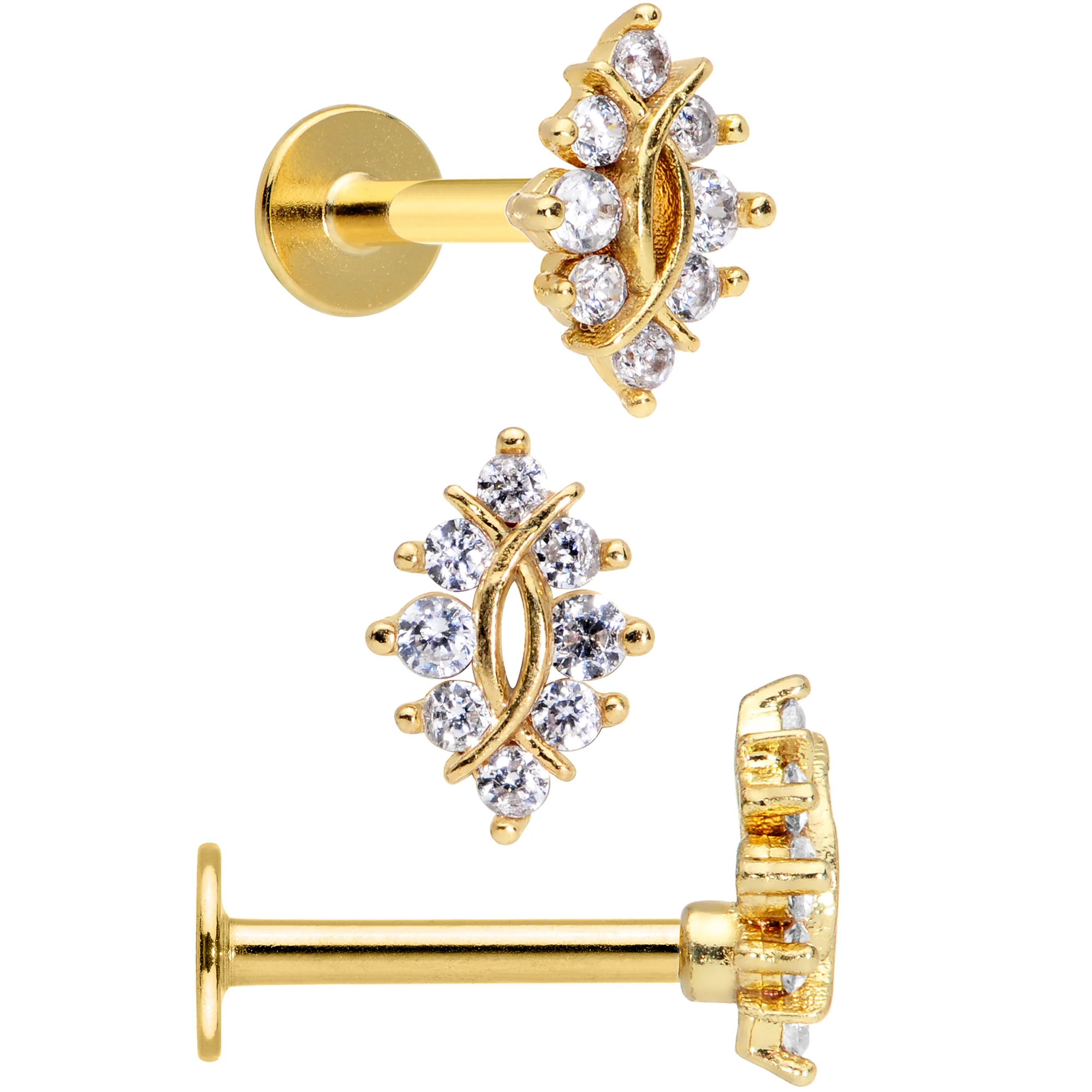 16G 5/16 Clear CZ Gem Gold Tone Triquetra Labret Tragus Set of 3 - Image 2