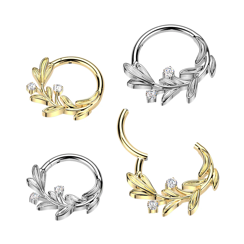 16 Gauge Clear CZ Gem Implant Grade Titanium Forward Facing Olive Leaf Hinged Segment Ring