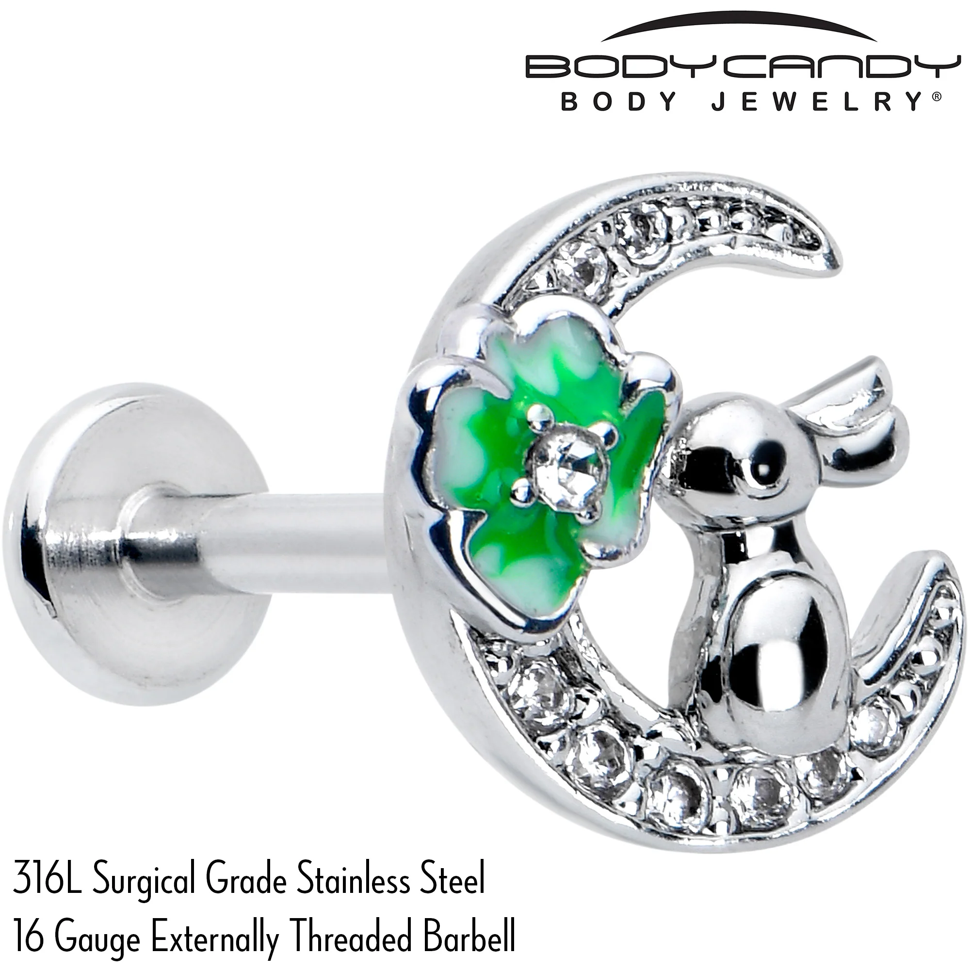 16G 5/16 Clear CZ Gem Rabbit on Moon Green Internally Threaded Labret - Image 4